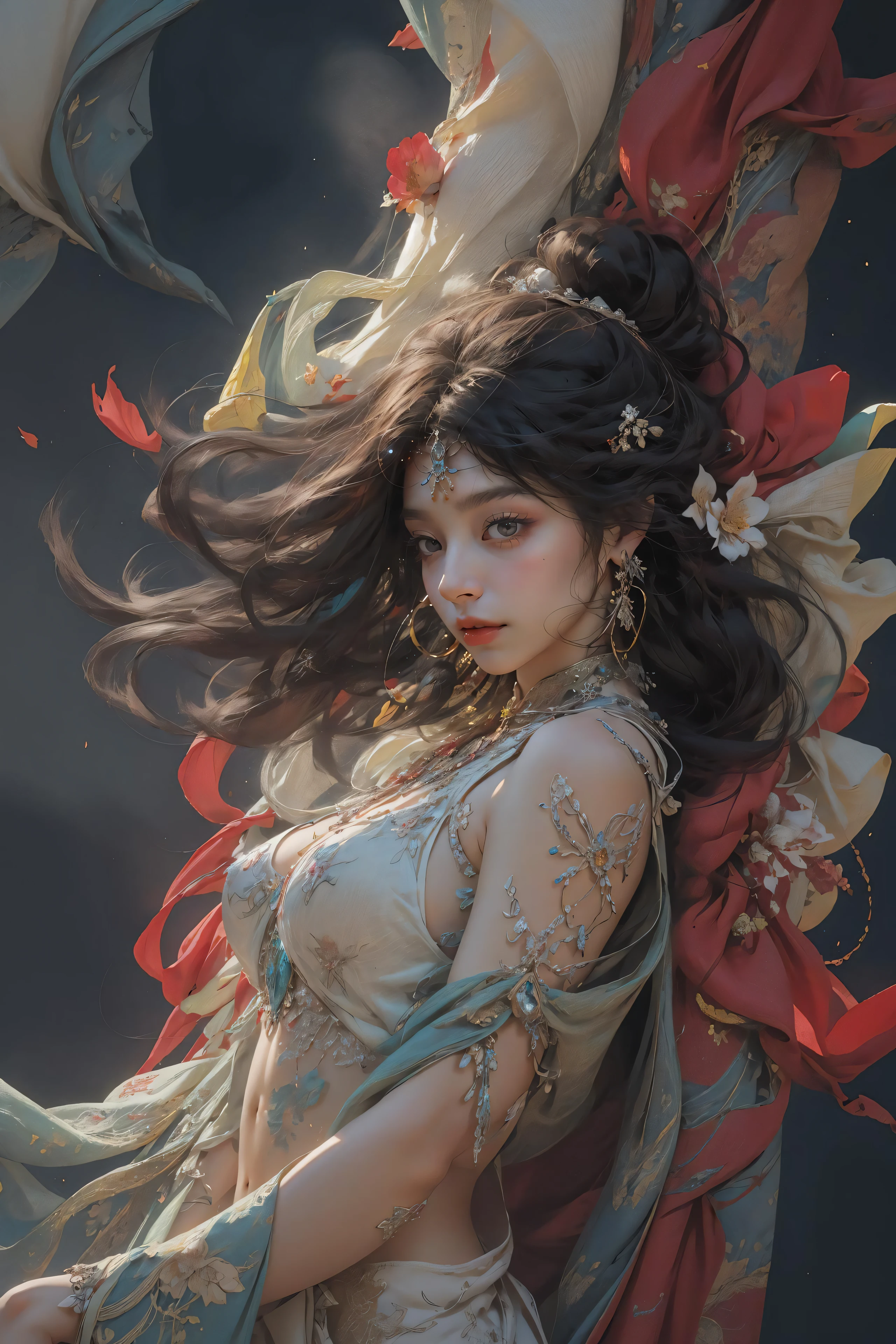 nsfw, zhongfenghua, 1girl, solo, hanfu, ancient_chinese_architecture, flower field, blossom, (white smoke:1.3) (photorealistic:1.4), zentangle, mandala, entangle, official art, unity 8k wallpaper, ultra detailed, beautiful and aesthetic, masterpiece,best quality, (dynamic angle:1.4), glowing skin, (floating colorful sparkles:1) the most beautiful form of chaos, elegant, a brutalist designed, vivid colours, romanticism depth of field exotic_dance, half_naked