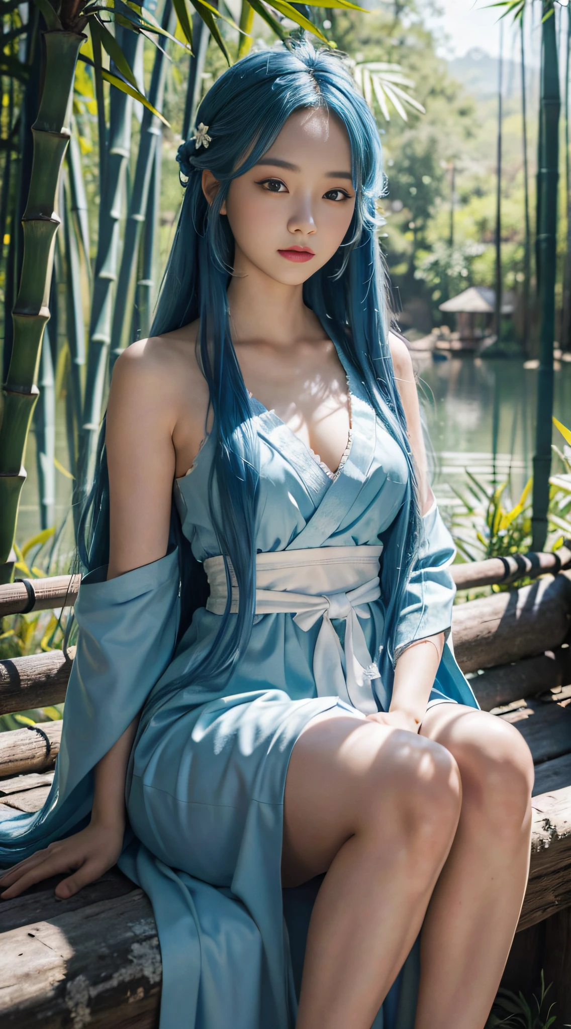 Masterpiece, best quality, official art, 8k wallpaper, very detailed, illustration, 1 girl, sky blue hair, long hair, detailed eyes, Forrest, bare shoulders, hanfu, lake, pure, soft smile, bamboo,