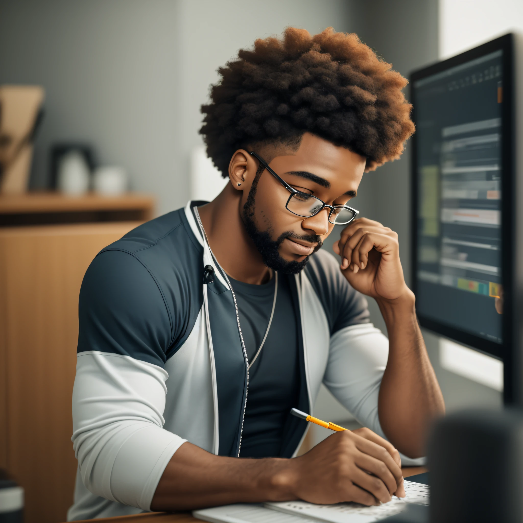 photo of an afro web designer working on his pec, photo realistic, minimalist, camera Sony alpha 7 IV, 4k , --auto --s2