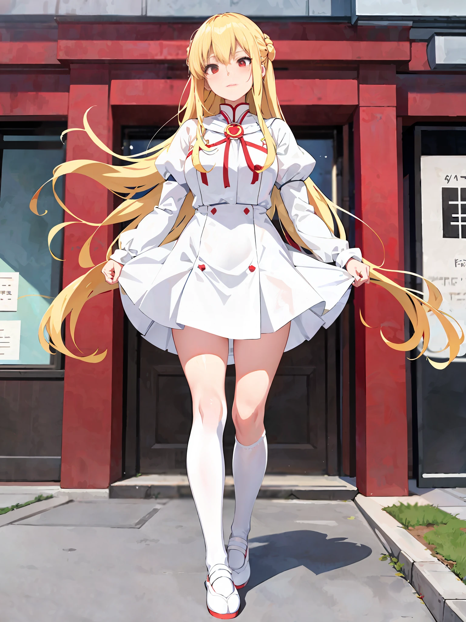 Anime girl in white dress standing in front of red building, anime visual of cute girl, anime goddess, anime full body illustration, white uniform, made in anime painter studio, dressed like blonde god, shikamimi, priest, cute anime wife in nice dress, magic school school uniform, anime style like Fate/stay night, wearing white clothes