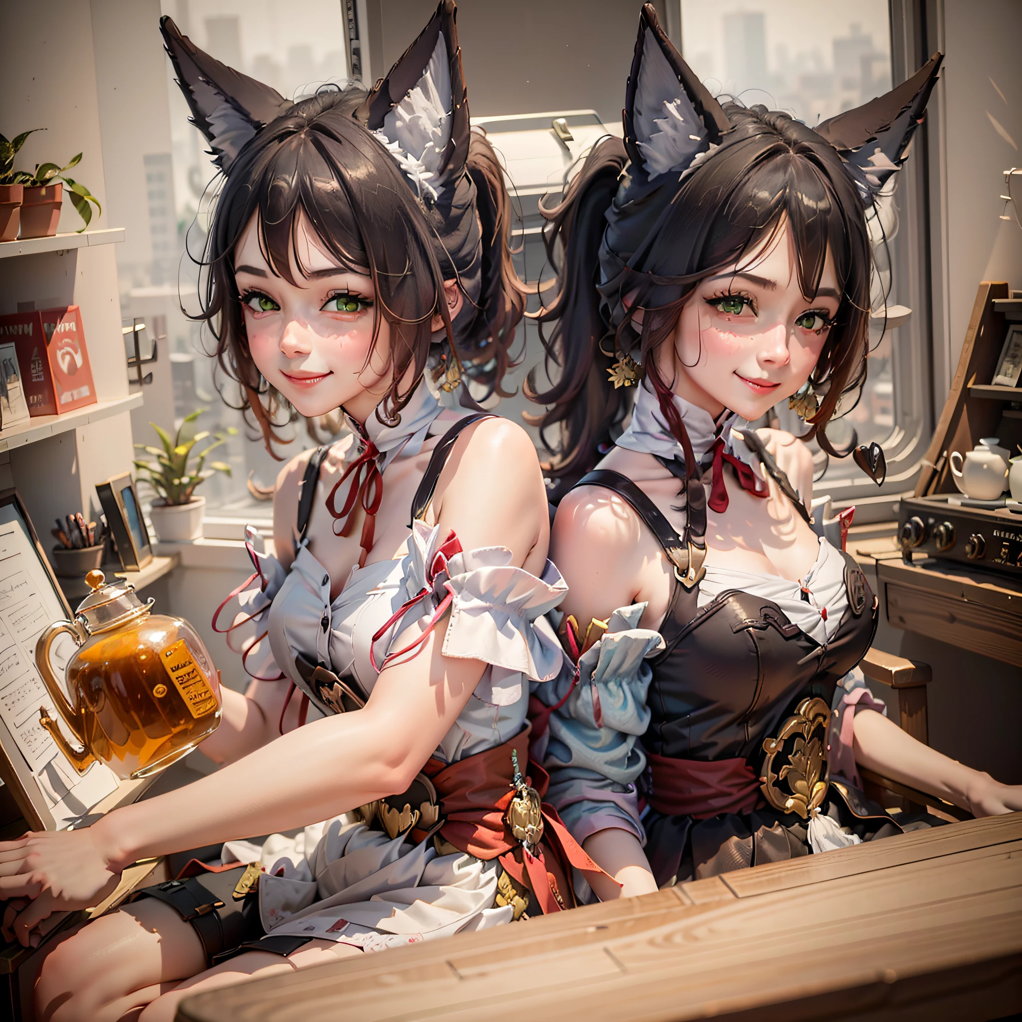 1girl, animal ears, sfw, smile, teapot