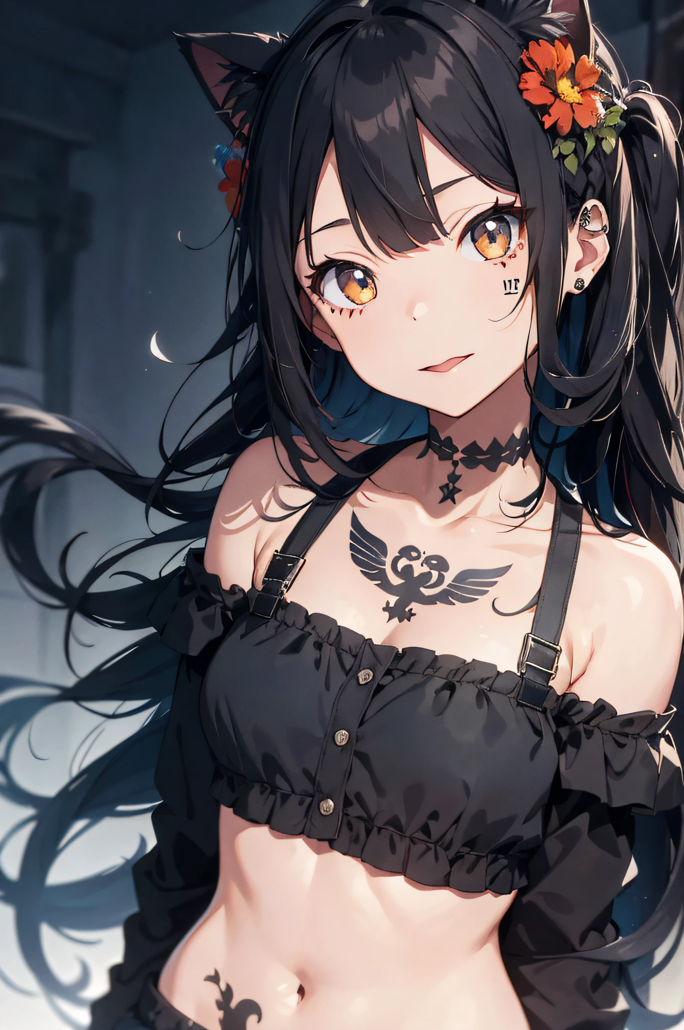 lorua, 1girl, cat ears, bangs, black background, black hair, dull bangs, braids, bunny ornaments, bunny tattoos, chest tattoos, cigarettes, collarbones, colored eyelashes, cross lace clothing, face tattoos, fake animal ears, flowers, flower tattoos, full body tattoos, hair flowers, hair ornaments, jewelry, (limited palette)), long hair, long sleeves, watch viewer, neck tattoo, off-shoulder, Cat ears, Side lock, Simple background, tongue stickout, twin blades, underwear, very long hair, ((Masterpiece)) wakame, wakame,
