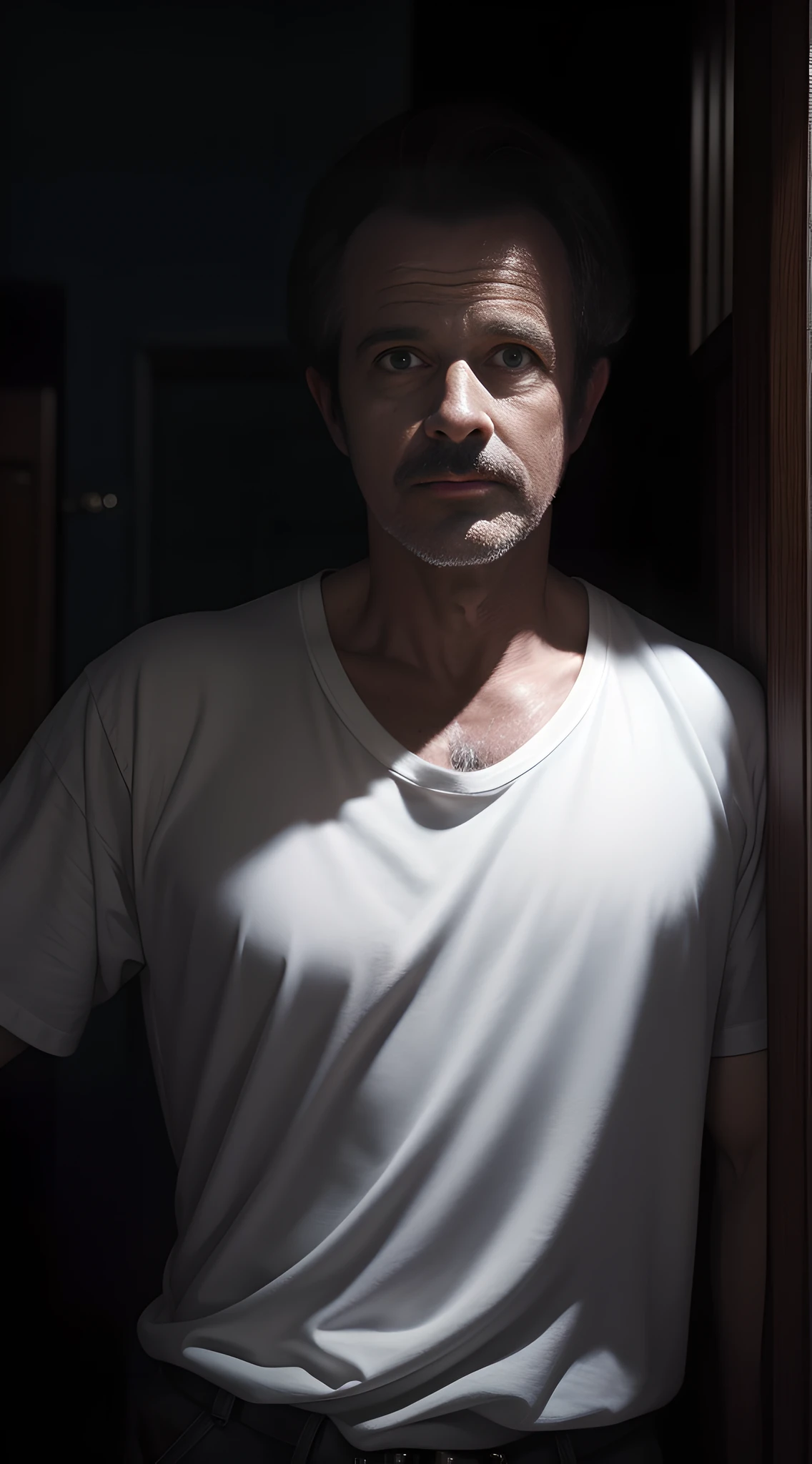 Dark Environment, Best Quality, Masterpiece, Henry Lee Lucas, 40-year-old male, front, white T-shirt, prison, 4k