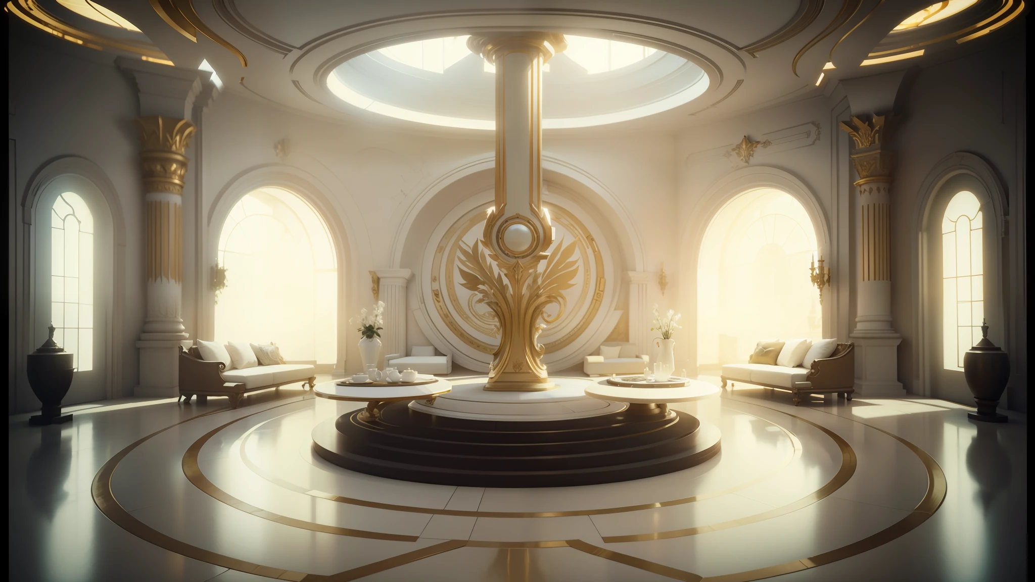 there is a large white and gold room with a large round table, exquisitely designed throne room, cgsociety 9, cgsociety hd, cgsociety unreal engine, unreal engine render saint seiya, cinematic rendering, cgsociety award, jessica rossier color scheme, unreal engine 5 : :, futuristic decor, top cinematic lighting, cgsociety ), unreal engine 5 » --auto --s2
