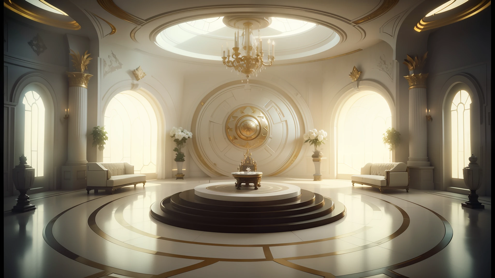 there is a large white and gold room with a large round table, exquisitely designed throne room, cgsociety 9, cgsociety hd, cgsociety unreal engine, unreal engine render saint seiya, cinematic rendering, cgsociety award, jessica rossier color scheme, unreal engine 5 : :, futuristic decor, top cinematic lighting, cgsociety ), unreal engine 5 » --auto --s2