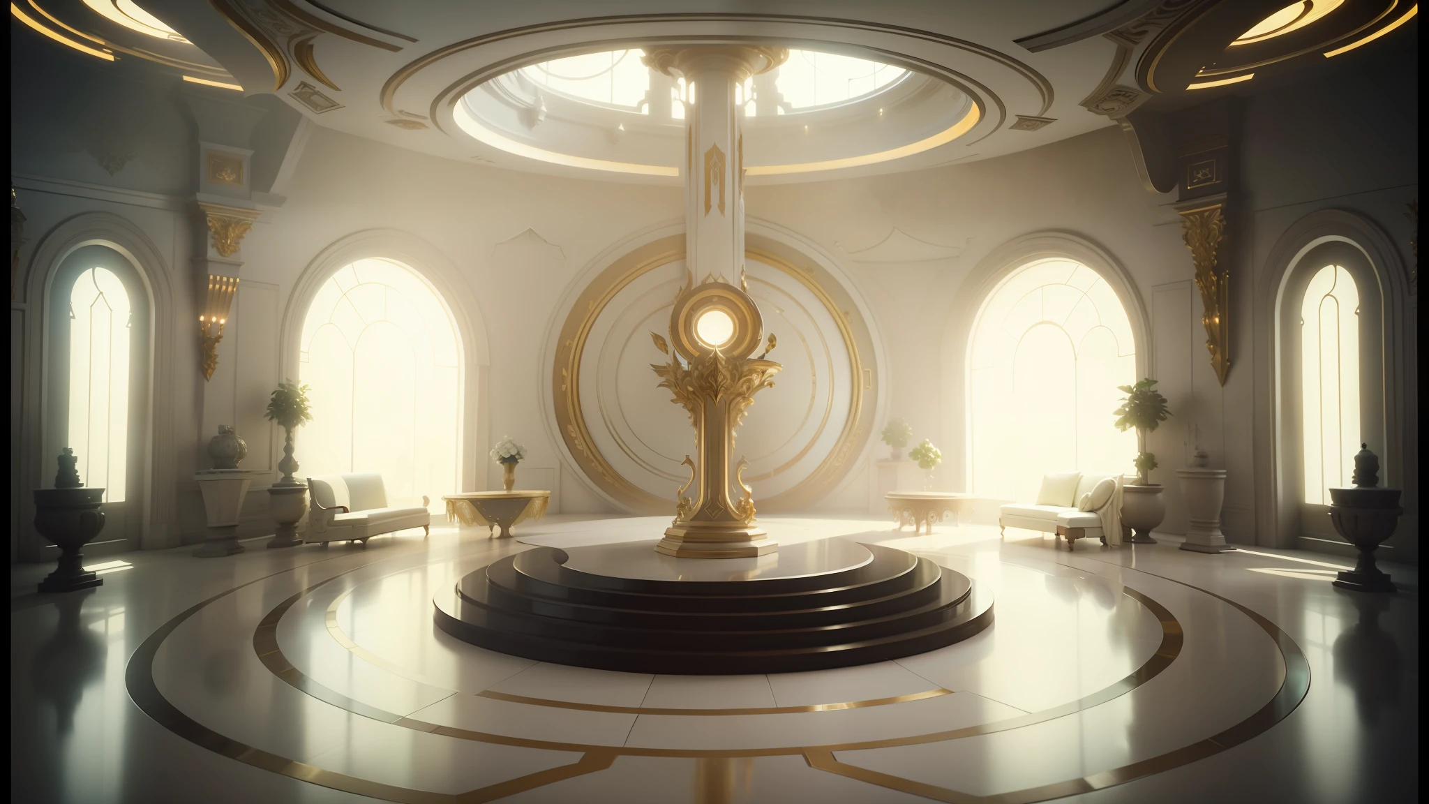 there is a large white and gold room with a large round table, exquisitely designed throne room, cgsociety 9, cgsociety hd, cgsociety unreal engine, unreal engine render saint seiya, cinematic rendering, cgsociety award, jessica rossier color scheme, unreal engine 5 : :, futuristic decor, top cinematic lighting, cgsociety ), unreal engine 5 » --auto --s2