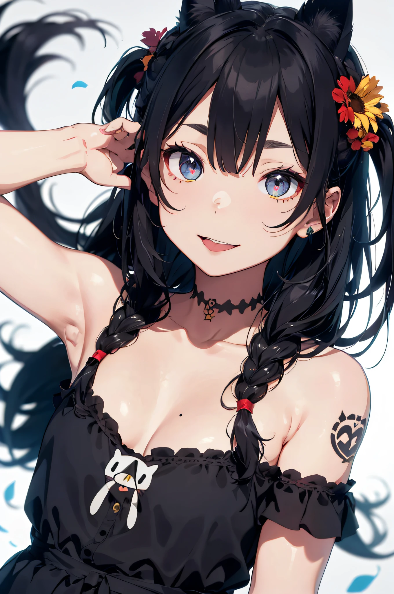 lorua, 1girl, cat ears, bangs, black background, black hair, dull bangs, braids, bunny ornaments, bunny tattoos, chest tattoos, cigarettes, collarbones, colored eyelashes, cross lace clothing, face tattoos, fake animal ears, flowers, flower tattoos, full body tattoos, hair flowers, hair ornaments, jewelry, (limited palette)), long hair, long sleeves, watch viewer, neck tattoo, off-shoulder, Cat ears, Side lock, Simple background, tongue stickout, twin blades, underwear, very long hair, ((Masterpiece)) wakame, wakame,