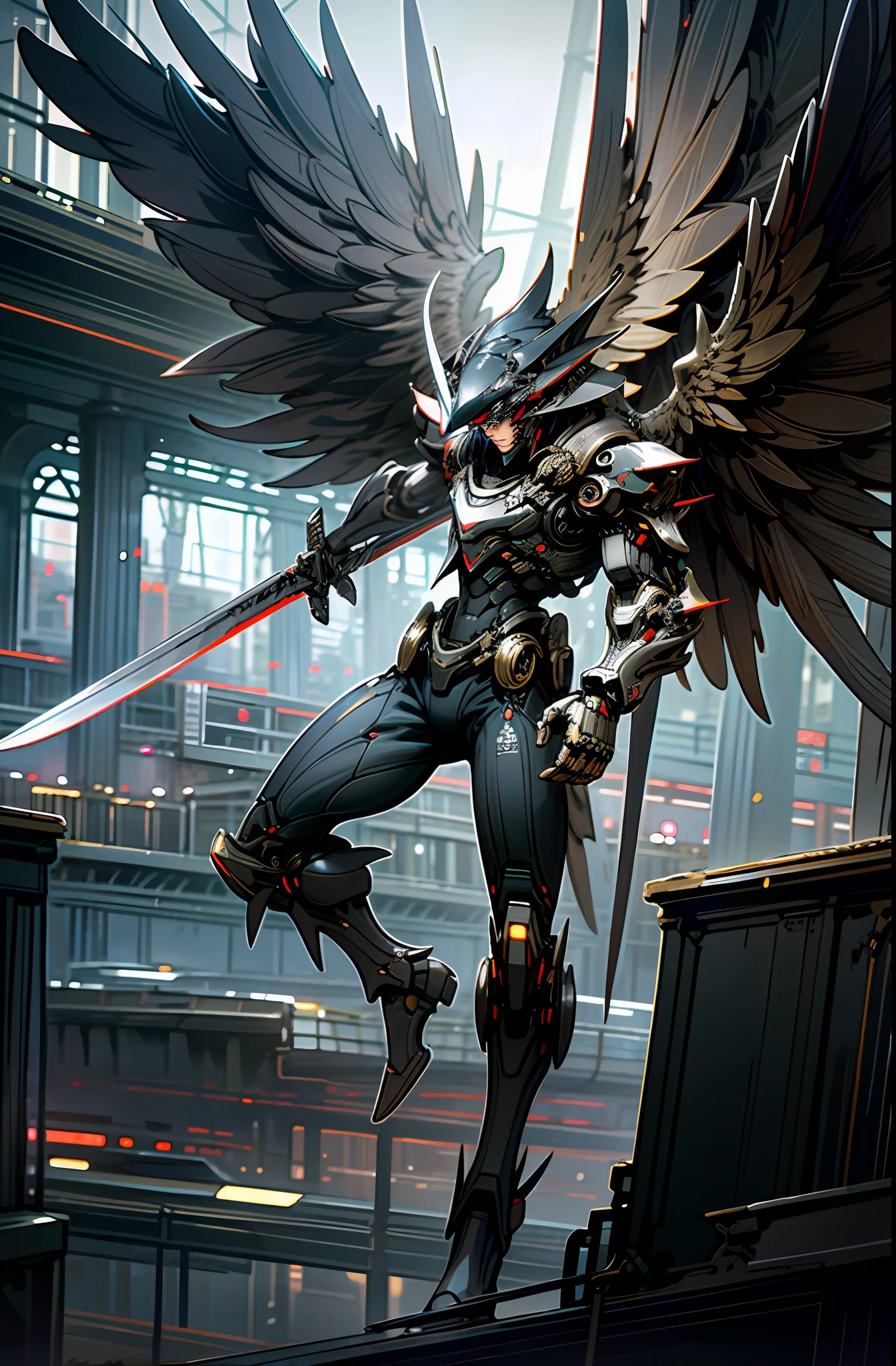 Masterpiece, best quality, high detailed, dynamic lighting, cinematic, HD, 64k, Dark_Fantasy, Cyberpunk, (wings sword, sword weapon,Red:1.1),1man,Mechanical,Robotic presence,Cybernetic guardian, darkness, ruins of city background, nighttime, flying