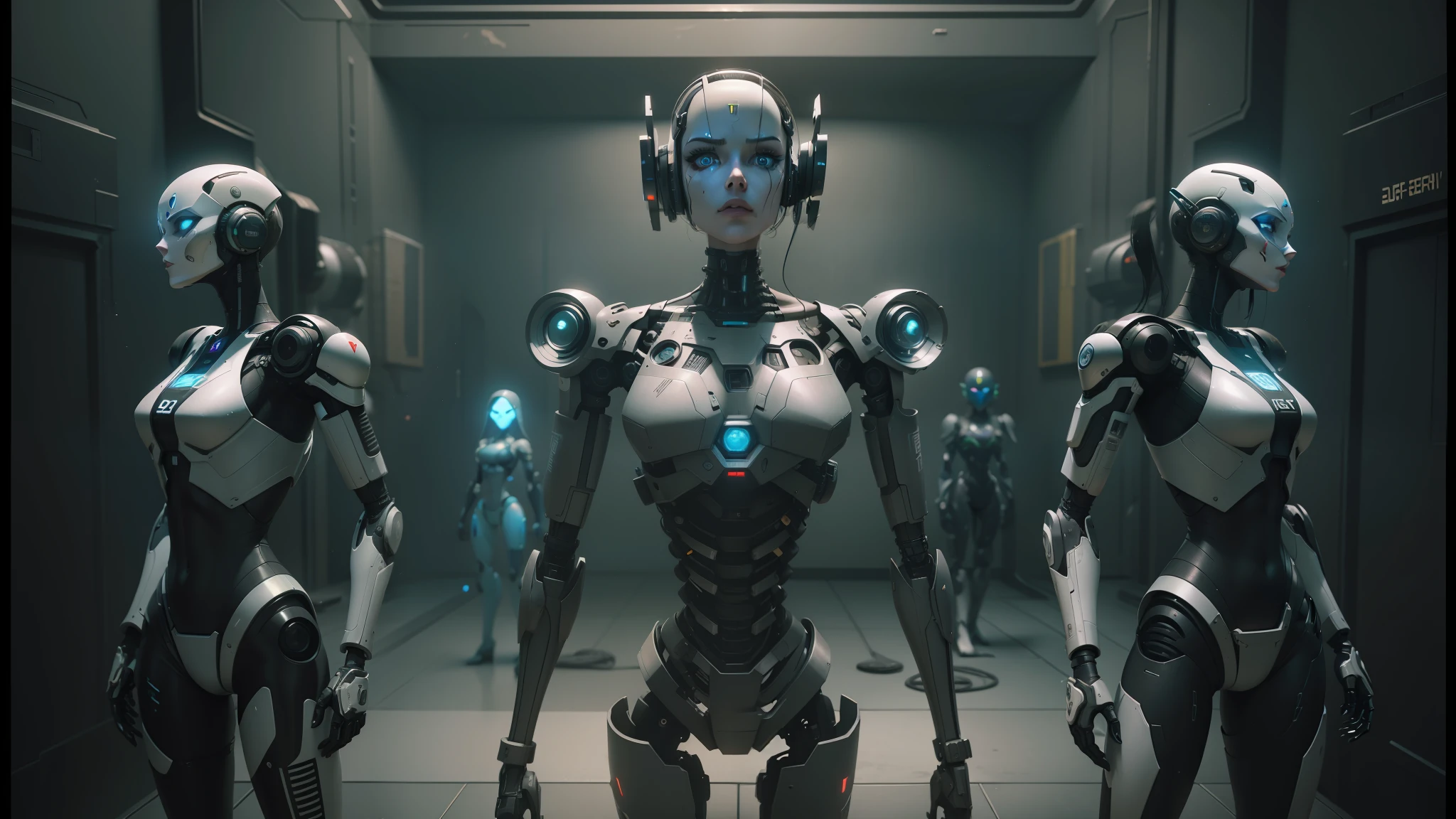 three robots are standing in a row in a room, love death and robots, death and robots, death and robots two in the void, beautiful robot character design, still from alita, love death + robots, ultra detailed female android, death + robots series of netflix, realistic robotic machinery, cyber steampunk 8 k 3 d, female robot, cgsociety 9 --auto --s2