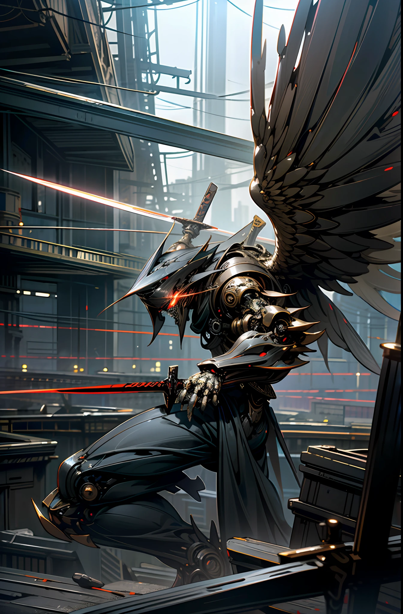 Masterpiece, best quality, high detailed, dynamic lighting, cinematic, HD, 64k, Dark_Fantasy, Cyberpunk, (wings sword, sword weapon,Red:1.1),1man,Mechanical,Robotic presence,Cybernetic guardian, darkness, ruins of city background, nighttime, flying