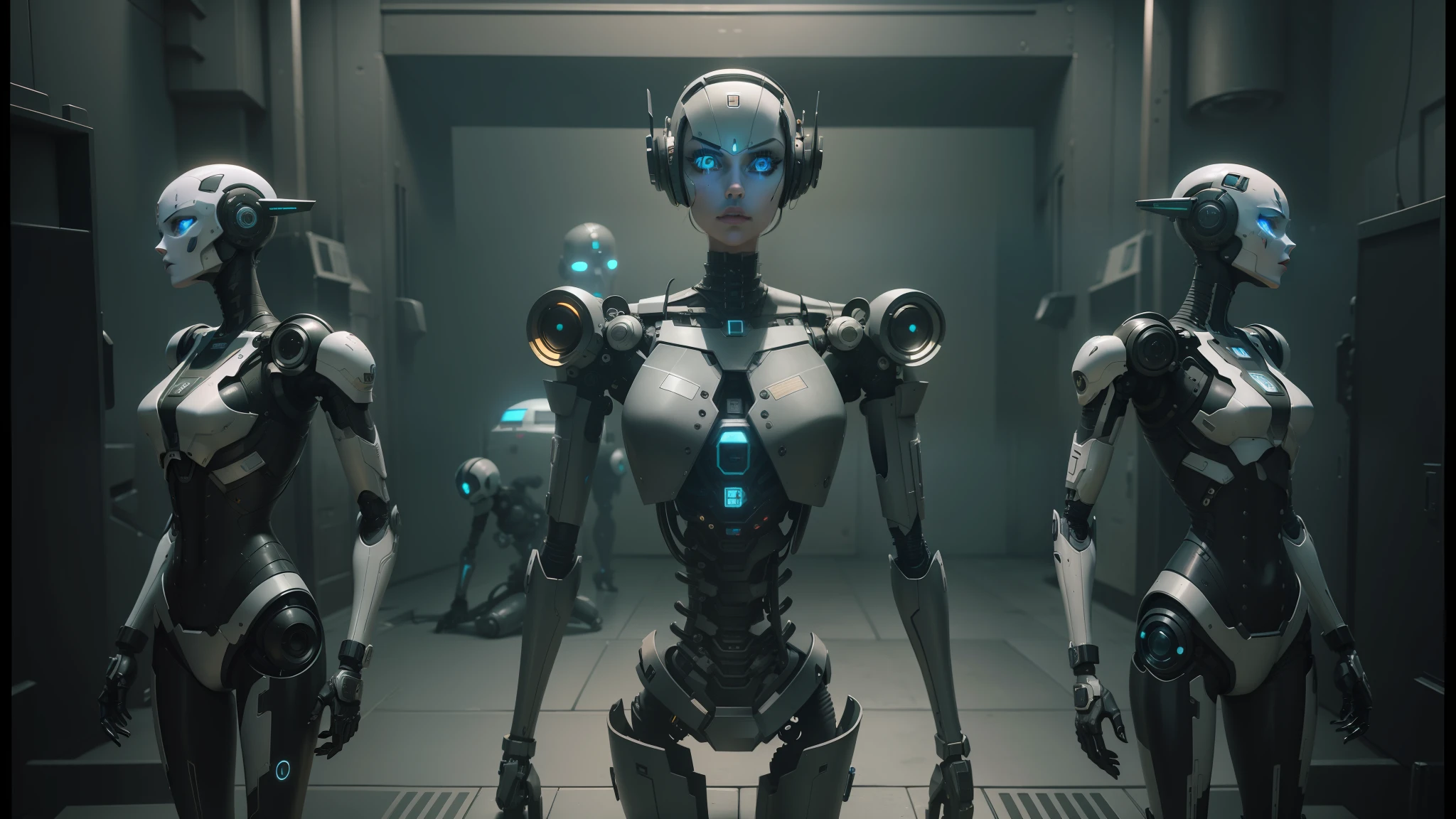three robots are standing in a row in a room, love death and robots, death and robots, death and robots two in the void, beautiful robot character design, still from alita, love death + robots, ultra detailed female android, death + robots series of netflix, realistic robotic machinery, cyber steampunk 8 k 3 d, female robot, cgsociety 9 --auto --s2
