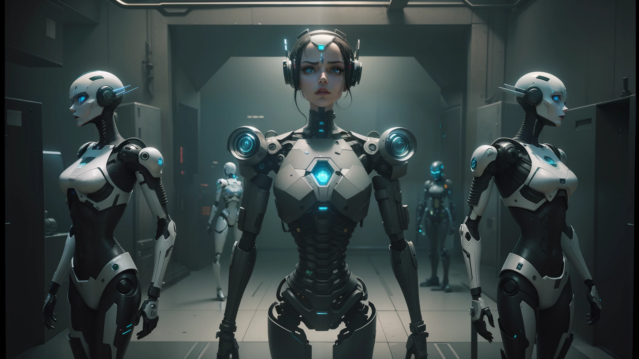 three robots are standing in a row in a room, love death and robots, death and robots, death and robots two in the void, beautiful robot character design, still from alita, love death + robots, ultra detailed female android, death + robots series of netflix, realistic robotic machinery, cyber steampunk 8 k 3 d, female robot, cgsociety 9 --auto --s2