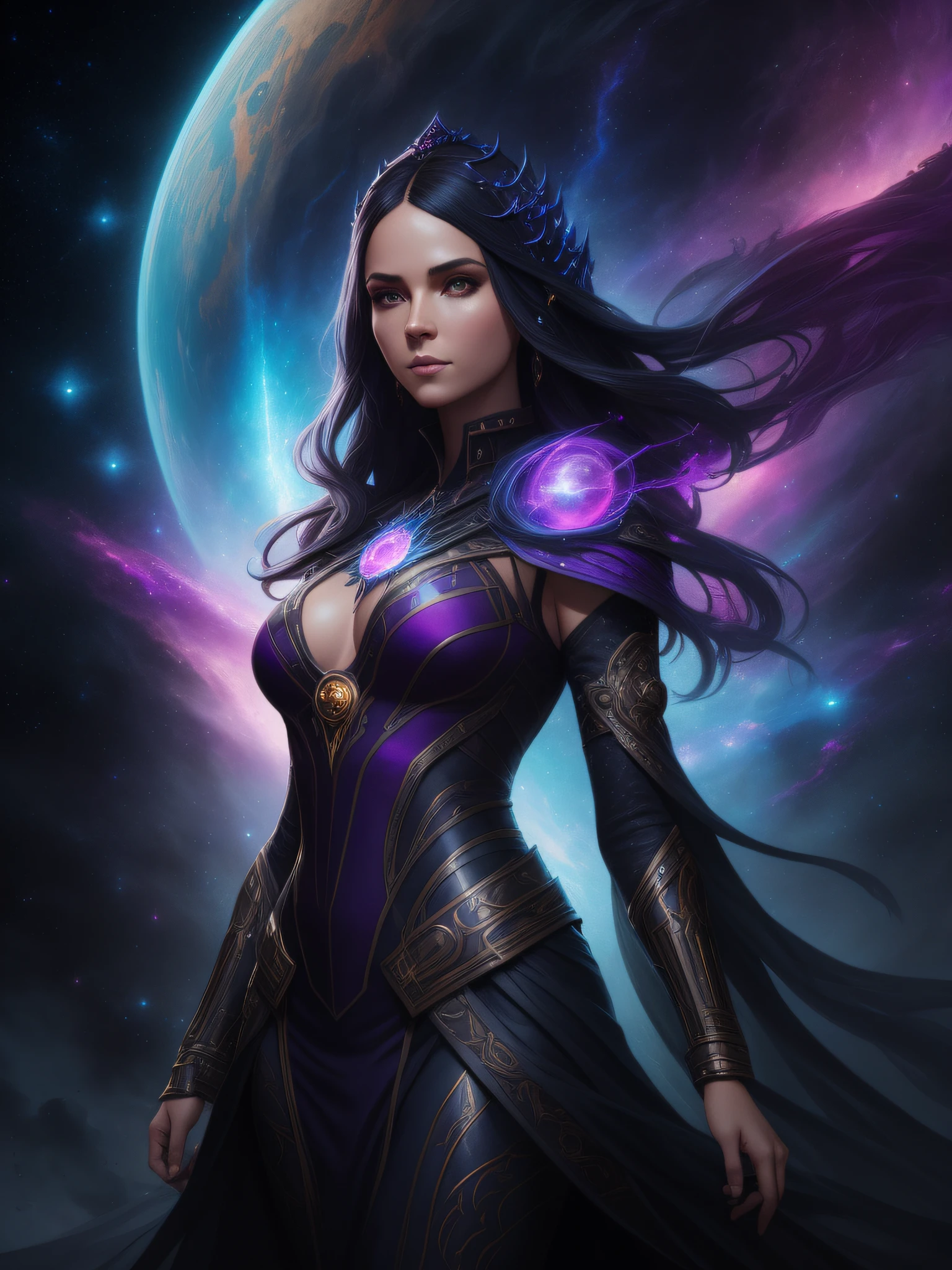 Cosmic sorceress, nebulas, galactic, Concept art portrait by Greg rutkowski, Artgerm, hyperdetailed intricately detailed gothic art trending on Artstation triadic colors Unreal Engine 5 detailed matte painting, deep color, fantastical, intricate detail, splash screen, complementary colors, fantasy concept art, 8k resolution, gothic deviantart masterpiece