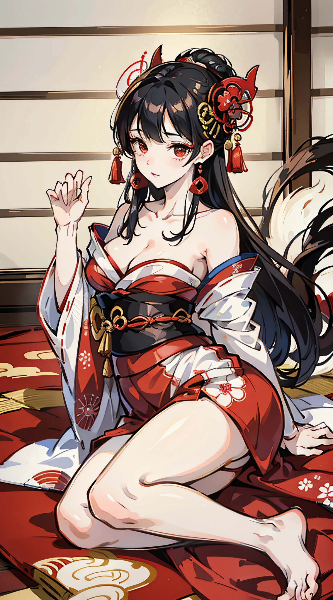 Araffe in oiran figure lying on the floor, white and red kimono, elegant Japan woman, oiran kimono, traditional Japan, Yoko Matsugane dancing Shiranui, youthful Japan girl, Japanese style, kimono, kimono, Yoshitomo Nara, Japanese style, Japan kimono, sexy pose, bewitching lying position, strange figure, white smooth skin, beautiful limbs with glossy color, beautiful bare skin , Oiran Dochu --auto --s2