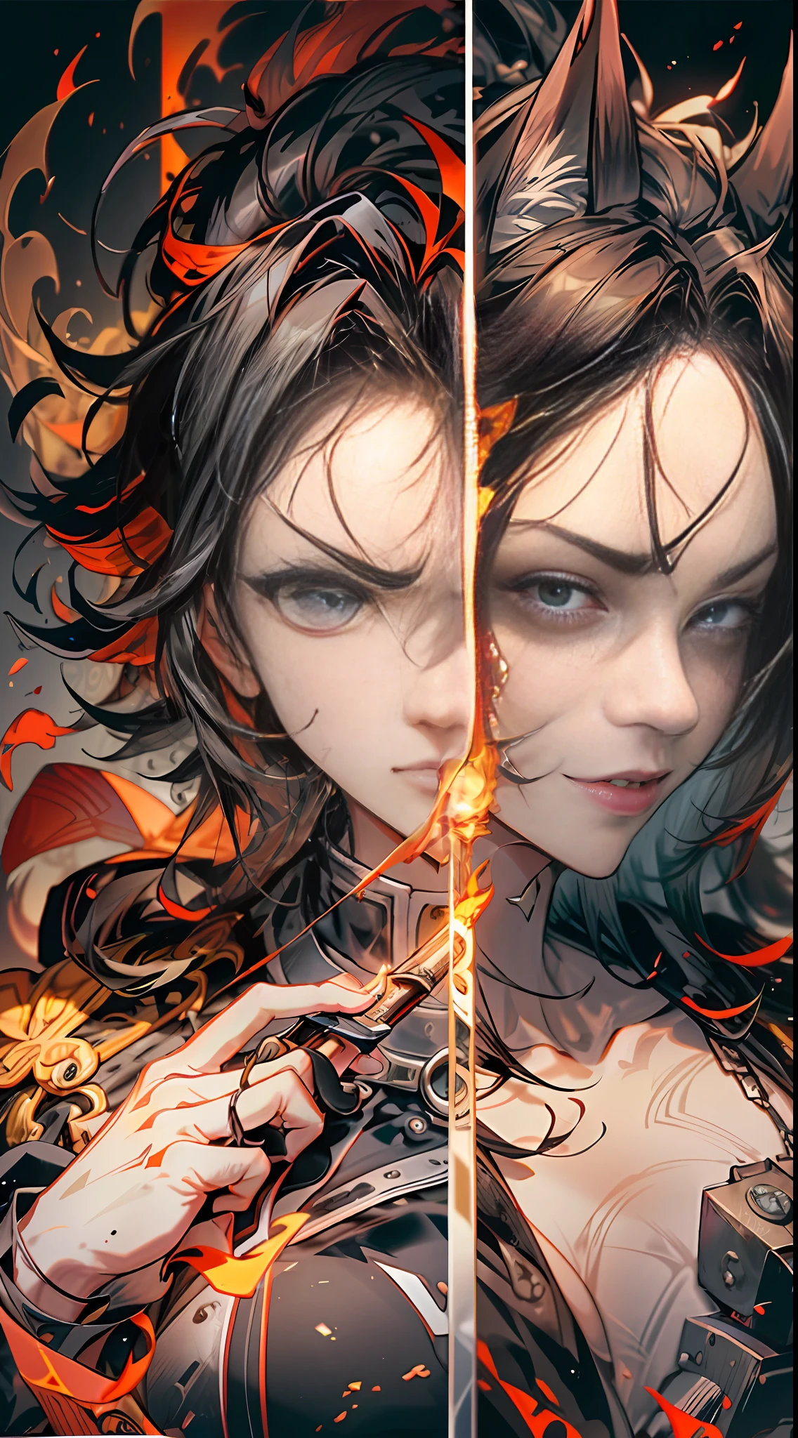 "(Day and night CG style, extreme hardcore: mixed day and night, hardcore stylization), extremely exquisite detail depiction, full of fighting spirit, frontal photo, exquisite lines, right hand holding flame knife 1 meter long, flame special effects: x1.2, (ordinary male hand: x1.2), terrifying angry face, sharp gaze, left eye red, right eye blue, killing picture."