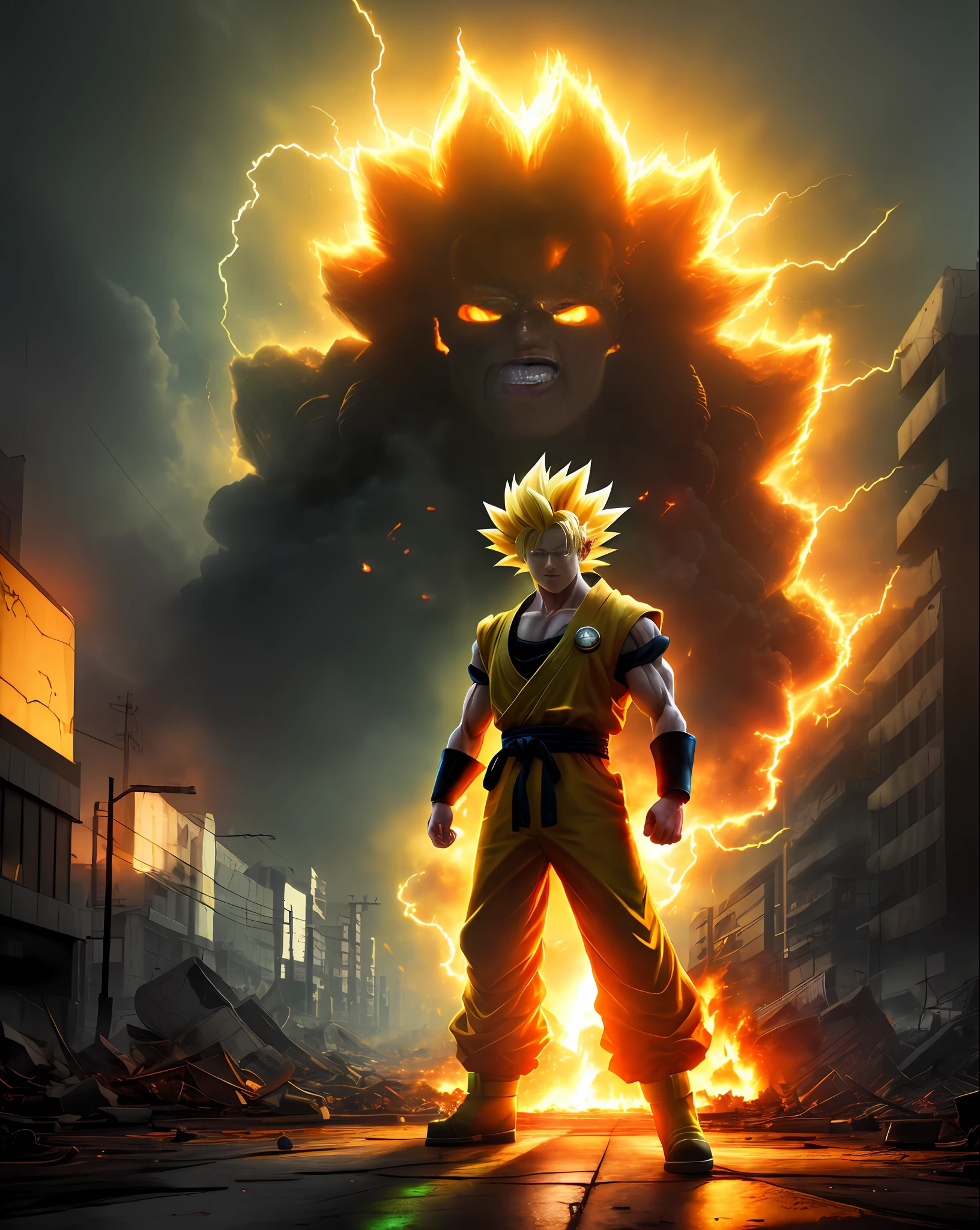 A (fusion of super sayajin 5) standing on a street of a destroyed tokyo, ki around the body and green and yellow rays coming out, fire, dust everywhere, destruction, epic image in best possible resolution, 8k, very realistic, depth of field, a work of art, fantasy style