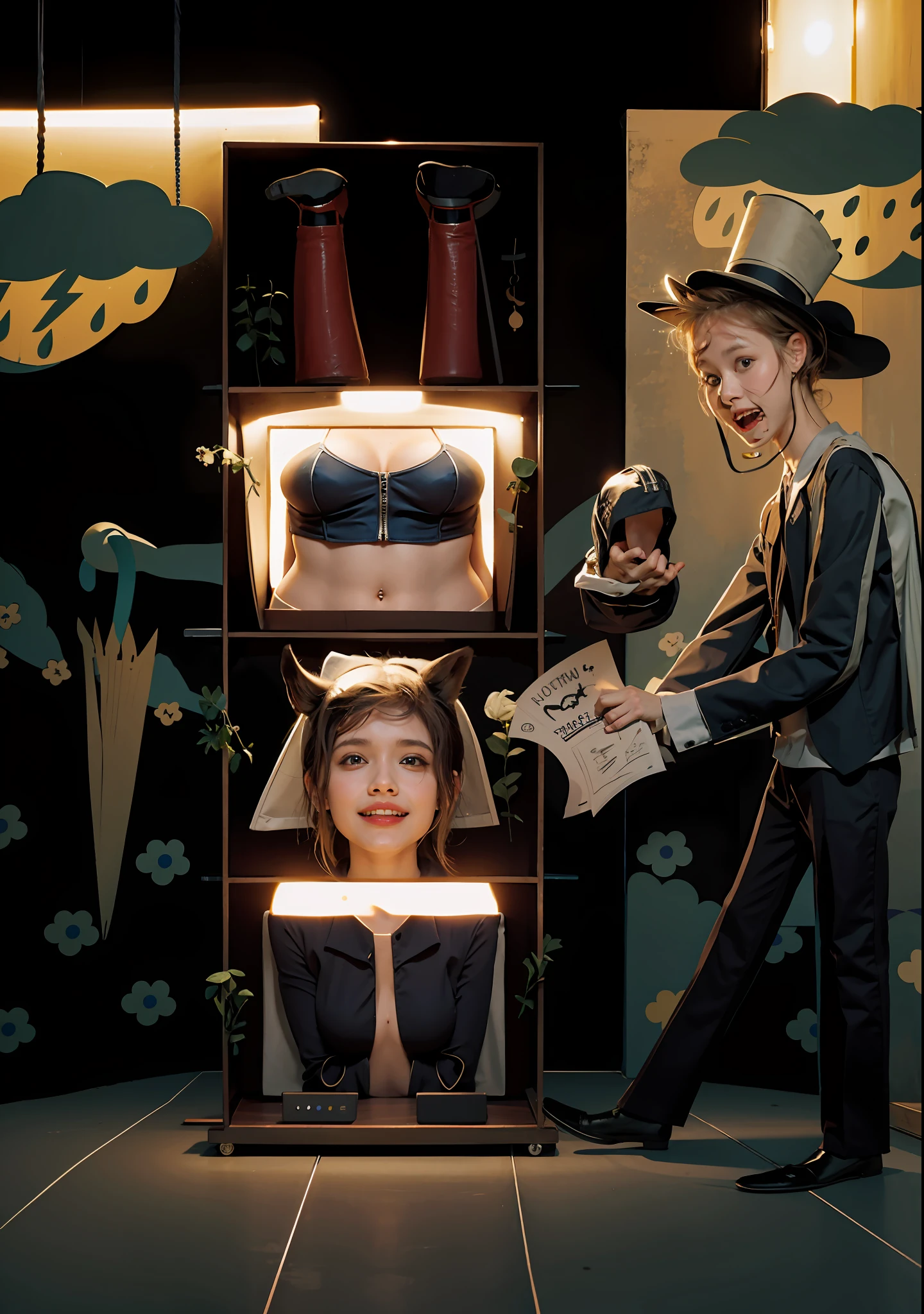 a magician standing next to a pile of magic boxes, the top box has a pair of woman's feet poking out upside down, the second box has a woman's torso inside of it and a woman's arm out of each side, the third box has a curly red-headed woman's head with a confused expression, the fourth and bottom box has a woman's pelvis and thighs inside, whole page illustration, with lots of details, ultra detailed, 4k, HD, colorful, natural lighting