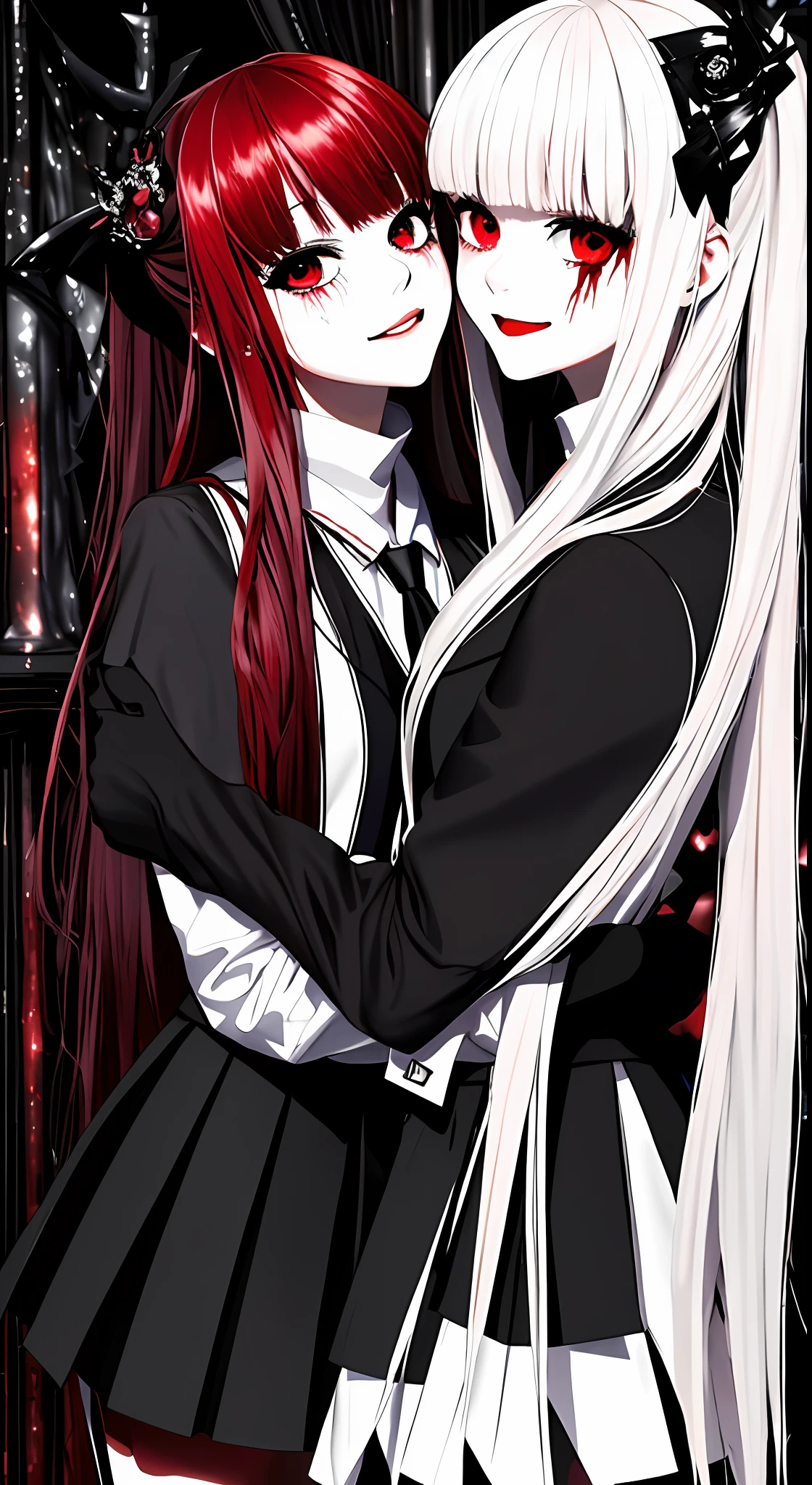 masterpiece, best quality, highres, (2girls,hugs from behind), gorgeous, (vampire:1.15), (red shimmering eyes:1.1), black and white gothic casual dressing, (inside vip club section:1.1), blood stains on lips and cheek, evil smile, horror, blood splatter, unique, experimental,blush, school uniform, (groping),yuri, kiss,