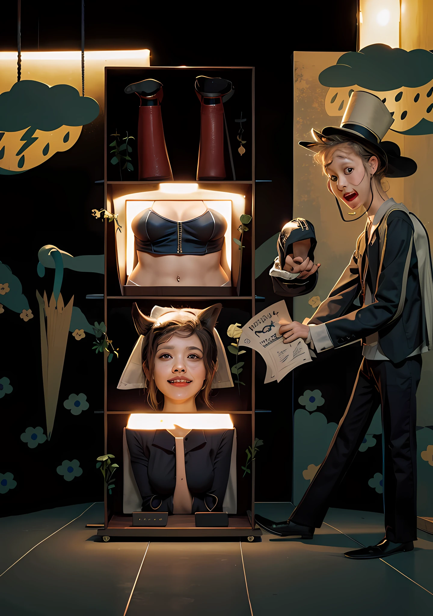 a magician standing next to a pile of magic boxes, the top box has a pair of woman's feet poking out upside down, the second box has a woman's torso inside of it and a woman's arm out of each side, the third box has a curly red-headed woman's head with a confused expression, the fourth and bottom box has a woman's pelvis and thighs inside, whole page illustration, with lots of details, ultra detailed, 4k, HD, colorful, natural lighting