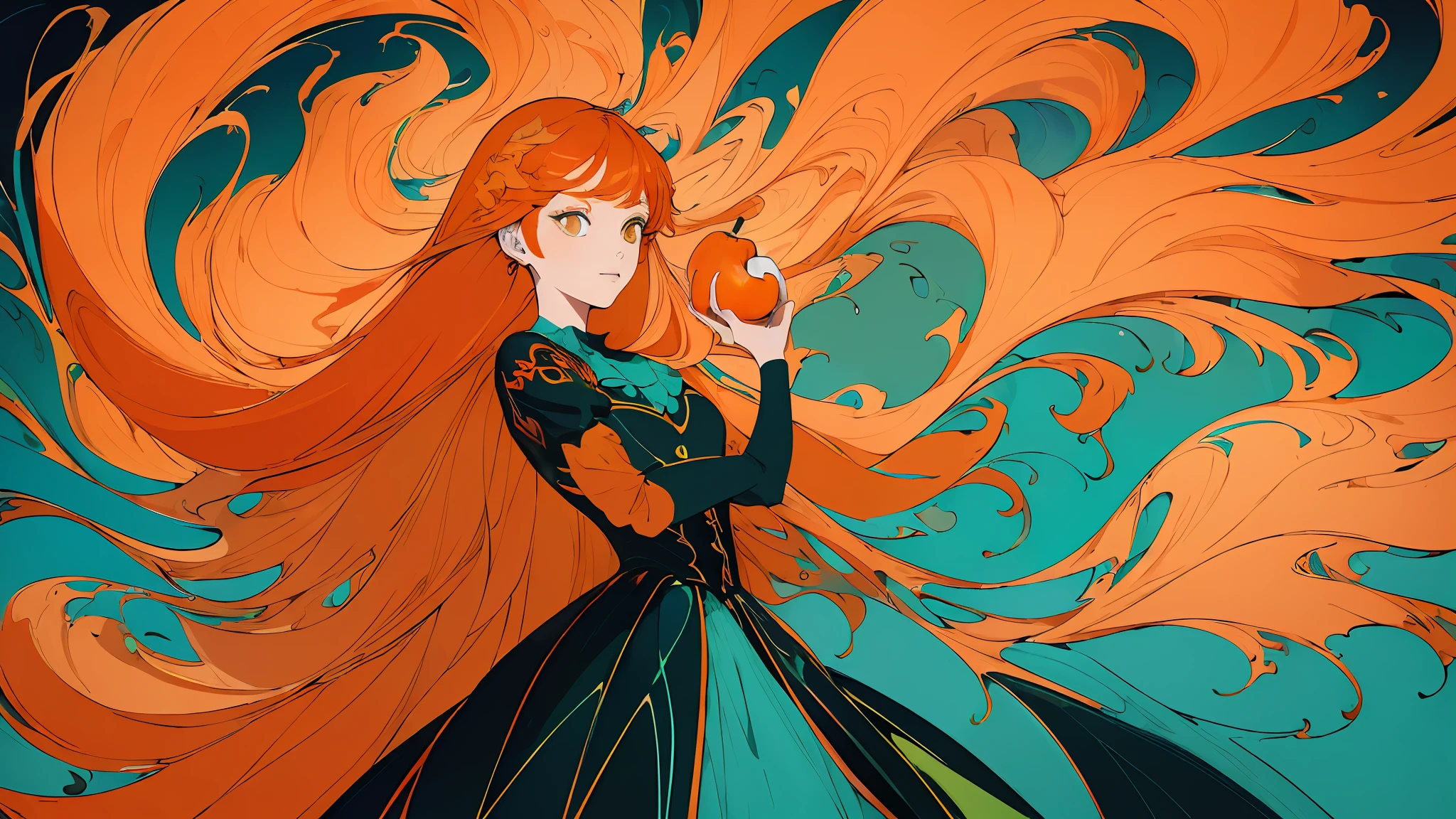 (flat color :1.4),(colorful:1.2),(((masterpiece))),(((bestquality))),((ultra-detailed)),(illustration),((anextremelydelicateandbeautiful)), 1 woman,(orage color theme:1.5),light leaks,strong wind,teal background,holding apple between hands,detail face,standing,beautiful face,oranges floating in the air,light bloom,surreal