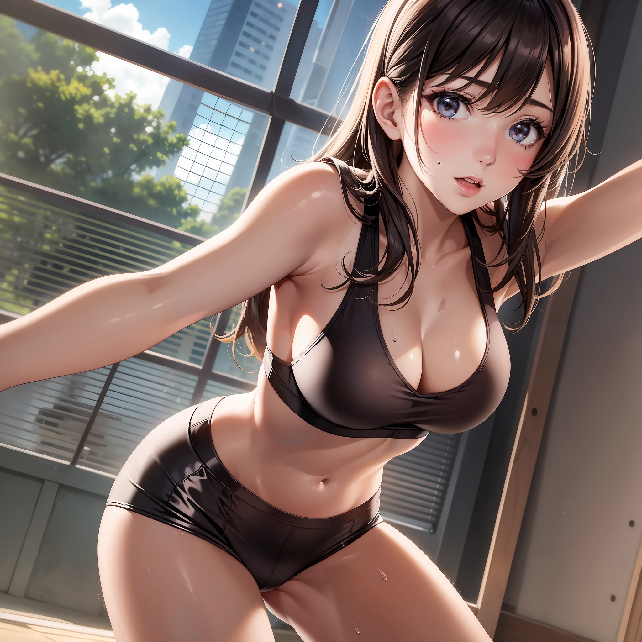 Professional female pictures, 1 girl, flirting, (shiny breasts), morning, sexy, playing volleyball, gymnasium, backlit, (bangs), bloomers, (sweaty: 1.3),