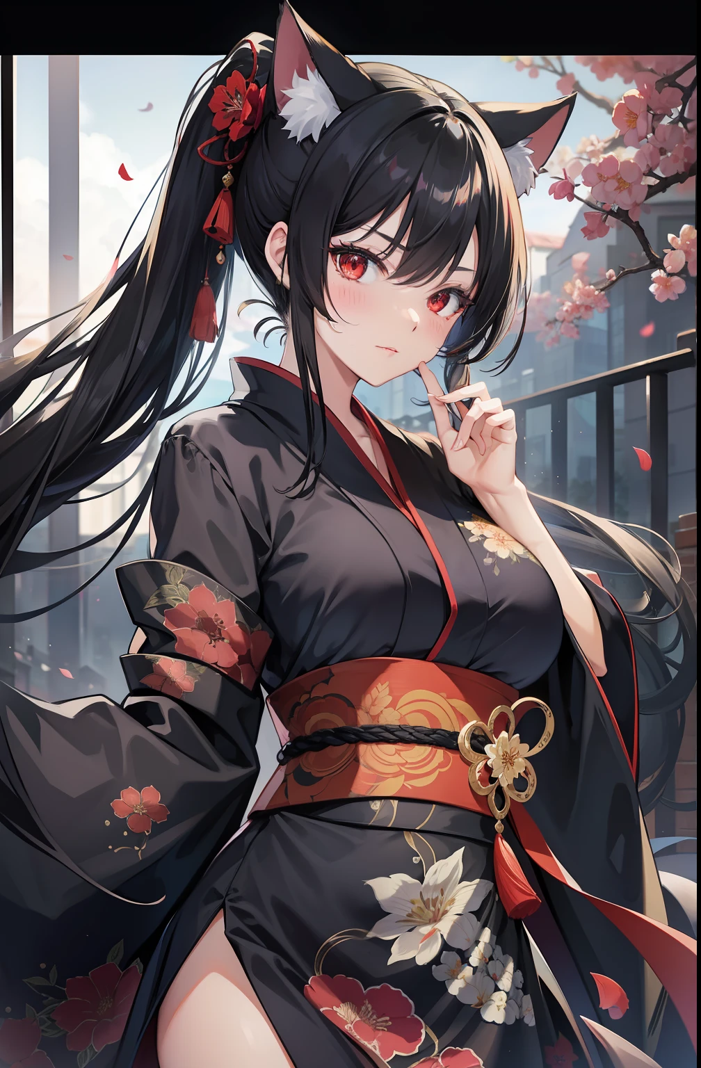 masterpiece, high resolution, high quality, black kimono, big breasts, cat ears, floral pattern, red eyes, black hair, ponytail,