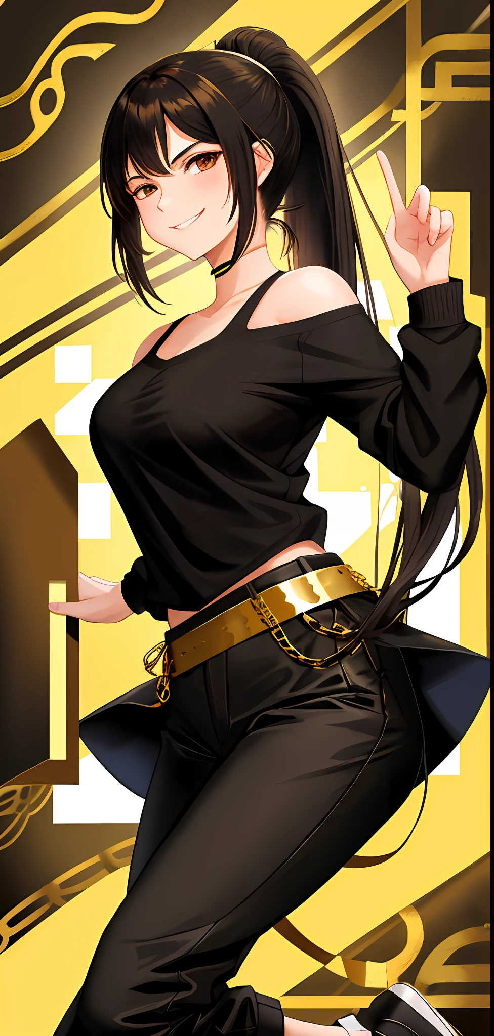 1girl, shoulder length hair, ponytail hair, brown eyes, slightly closed eyes, black shirt, gold and money background, evil smile, smirk, yandere reaction, medium breasts, medium chest, medium boobs, v chin, black hair, skinny, black pants, white sneakers, unrevealing clothes,