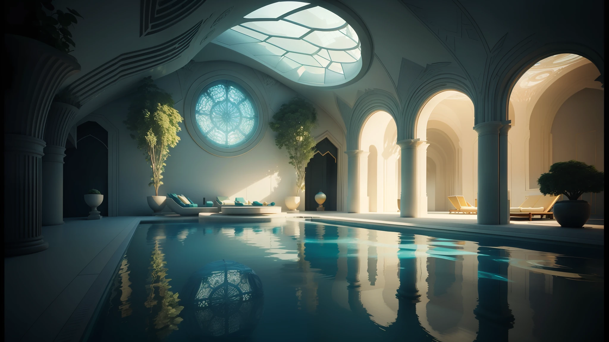 a close up of a pool with a lounge chair in it, futuristic persian palace, a pool inside the giant palace, futuristic architectural art, exquisitely designed throne room, solarpunk architecture, vincent callebaut, decadent throne room, organic architecture, dream pool, futuristic palace, beautiful 3 d rendering, gorgeous 3d render, underwater home --auto --s2