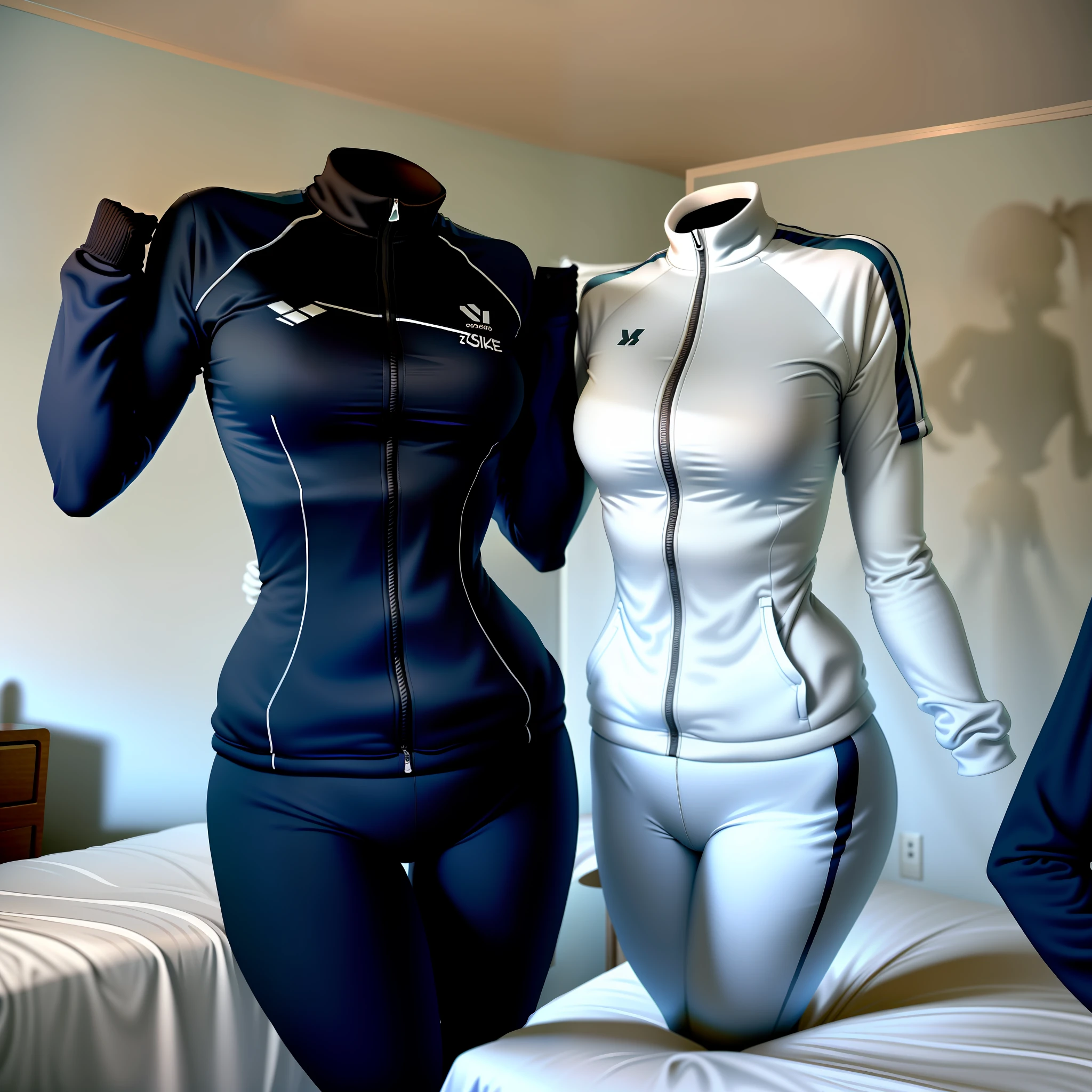 Invisible girls, without humans, headless, tracksuits worn by invisible girls, (realistic: 0), headless, empty, headless, headless, invisible girl, uniforms, empty clothes, invisible body, invisible head, empty tracksuits, invisible girls, uniforms, high angle, invisible body, invisible head, tracksuits has big breasts,black tights, lying tracksuits on the bed swells as if invisible girls wearing them, girl's busty tracksuits begin to raise their sleeves and cross their sleeves on its own as if worn by invisible girls, Hyohon, invisible body, headless, empty clothes, put tracksuits on the bed, invisible girls, high angle