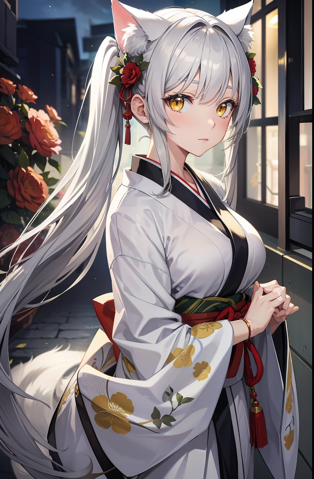 masterpiece, high resolution, high quality, white kimono, big breasts, cat ears, floral pattern, yellow eyes, gray hair, twin tails,