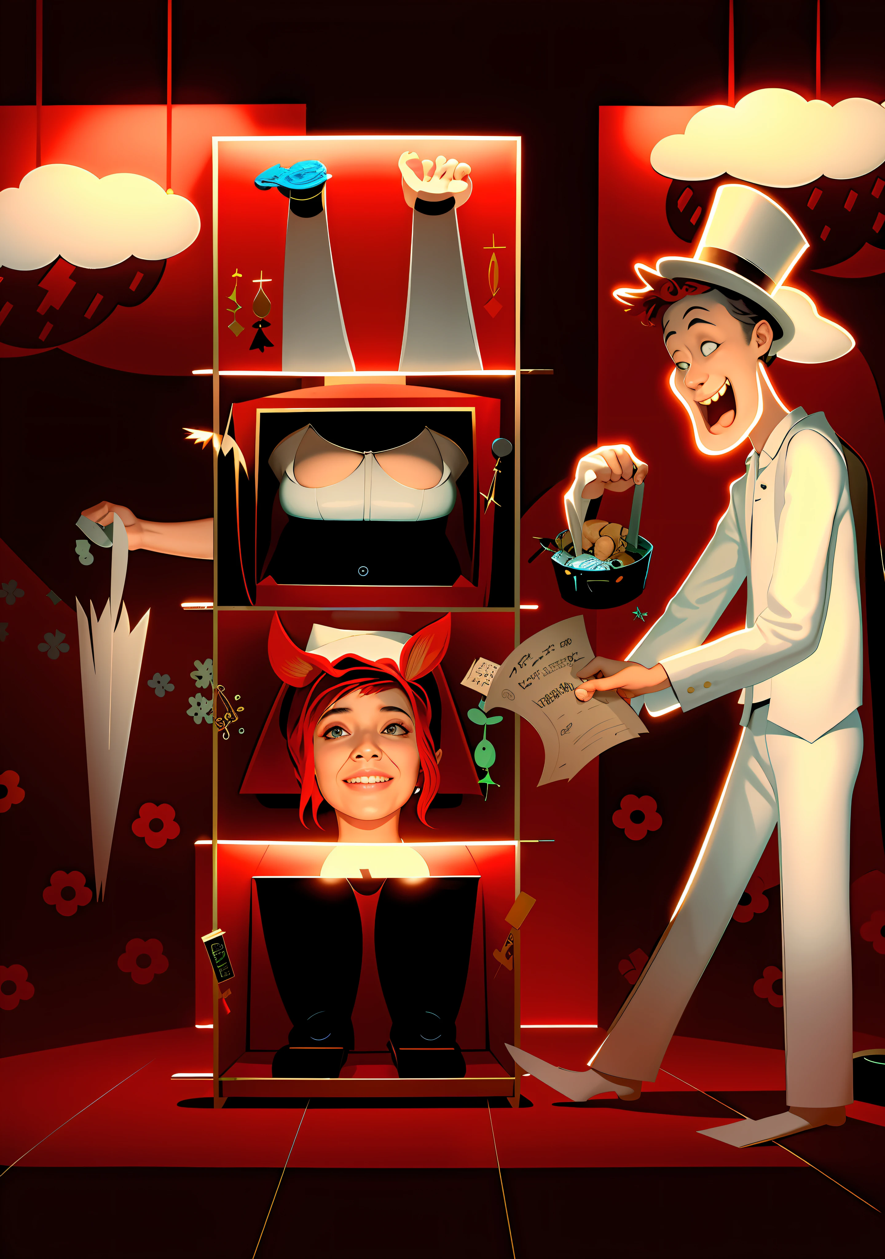 a magician standing next to a pile of magic boxes, the top box has a pair of woman's feet poking out upside down, the second box has a woman's torso inside of it and a woman's arm out of each side, the third box has a curly red-headed woman's head with a confused expression, the fourth and bottom box has a woman's pelvis and thighs inside, whole page illustration, with lots of details, ultra detailed, 4k, HD, colorful, natural lighting