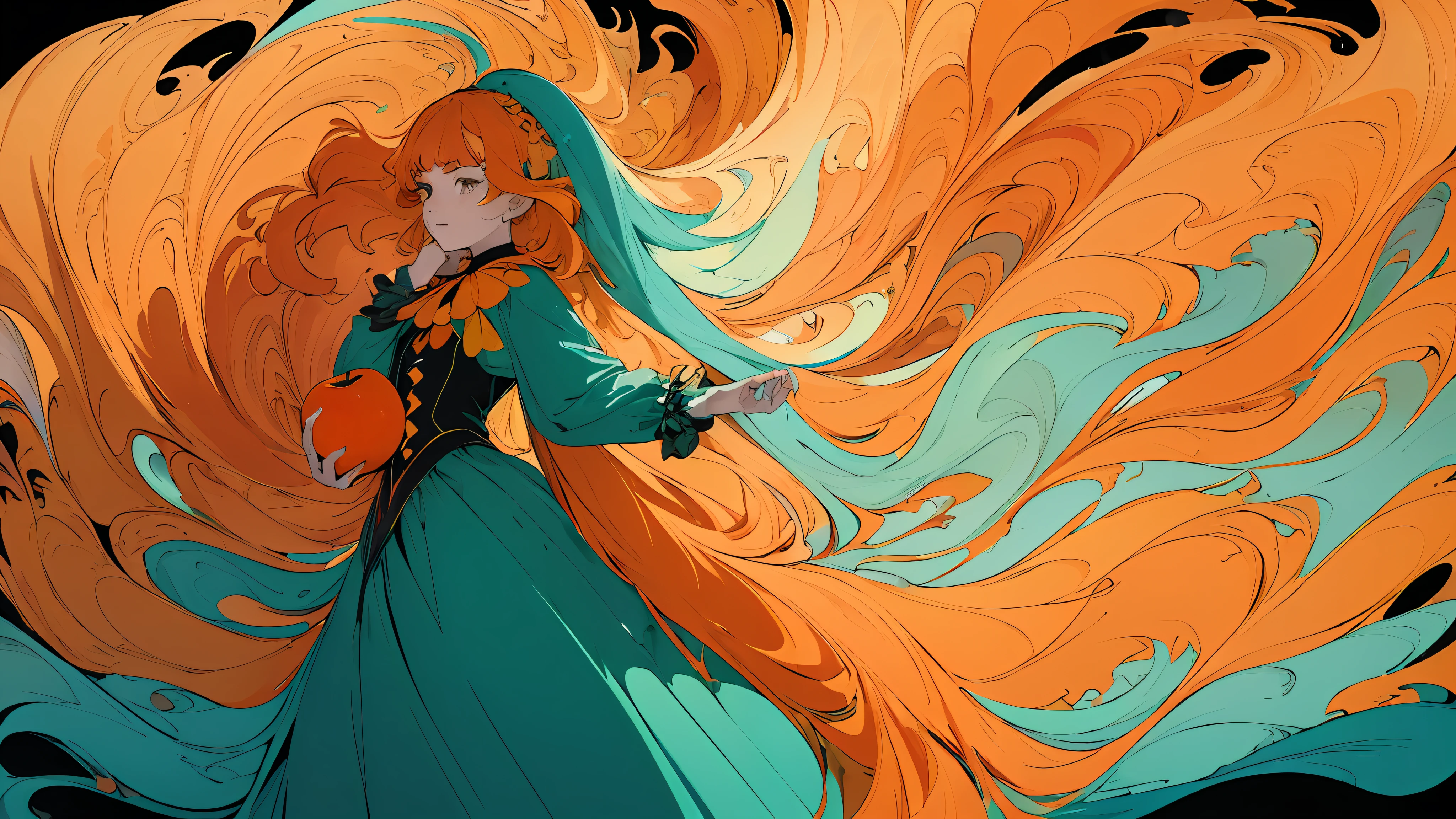 (flat color :1.4),(colorful:1.2),(((masterpiece))),(((bestquality))),((ultra-detailed)),(illustration),((anextremelydelicateandbeautiful)), 1 woman,(orage color theme:1.5),light leaks,strong wind,teal background,holding apple between hands,detail face,standing,beautiful face,oranges floating in the air,light bloom,surreal