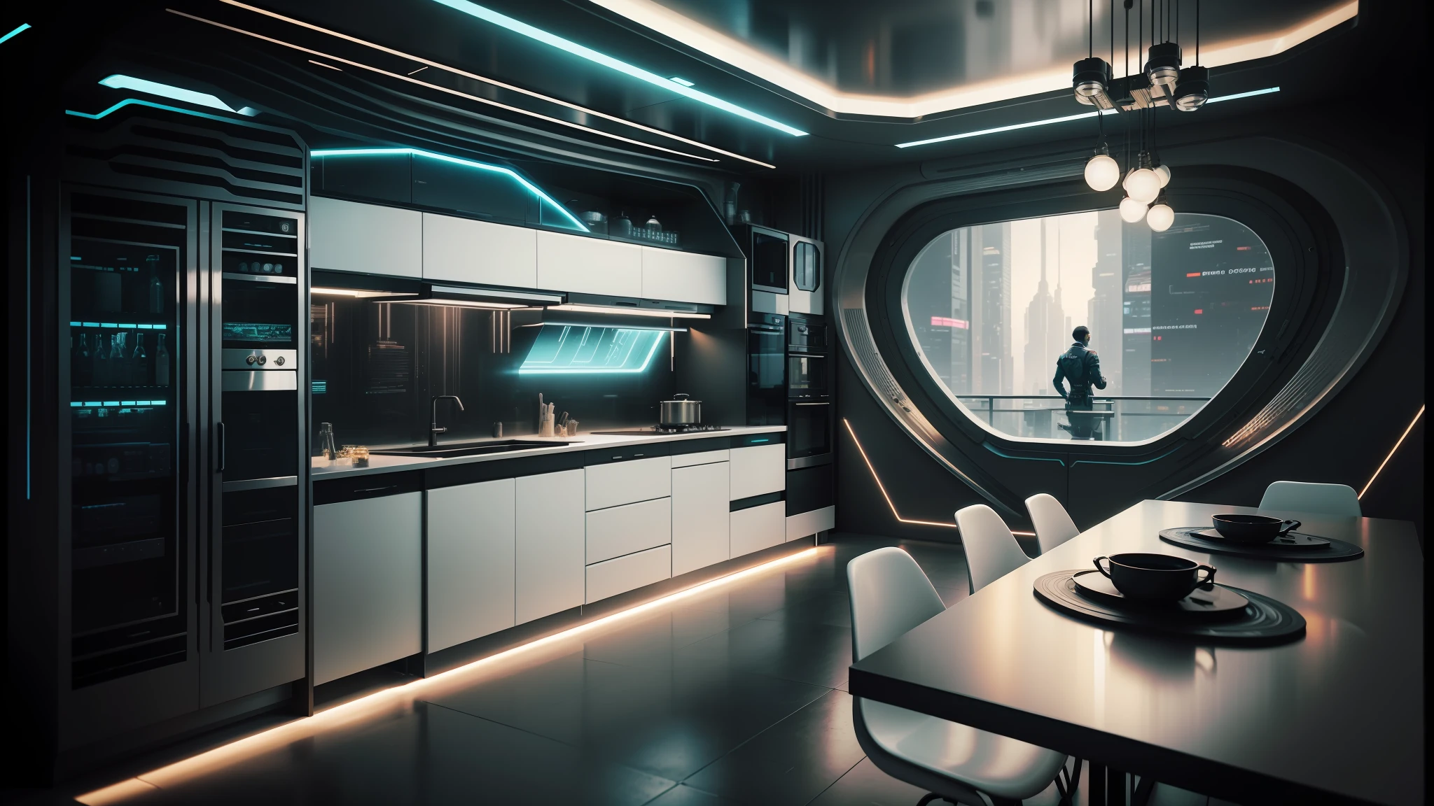 there is a kitchen with a table and chairs in it, futuristic decor, cyberpunk apartment, futuristic interior, futuristic room background, the cyberpunk apartment, retro futuristic apartment, sci - fi interior, cyberpunk interior, futuristic decoration, futuristic room, bladerunner apartment, cyberpunk ikea, in a cyberpunk themed room, futuristic house, futuristic design, large futuristic residence --auto --s2