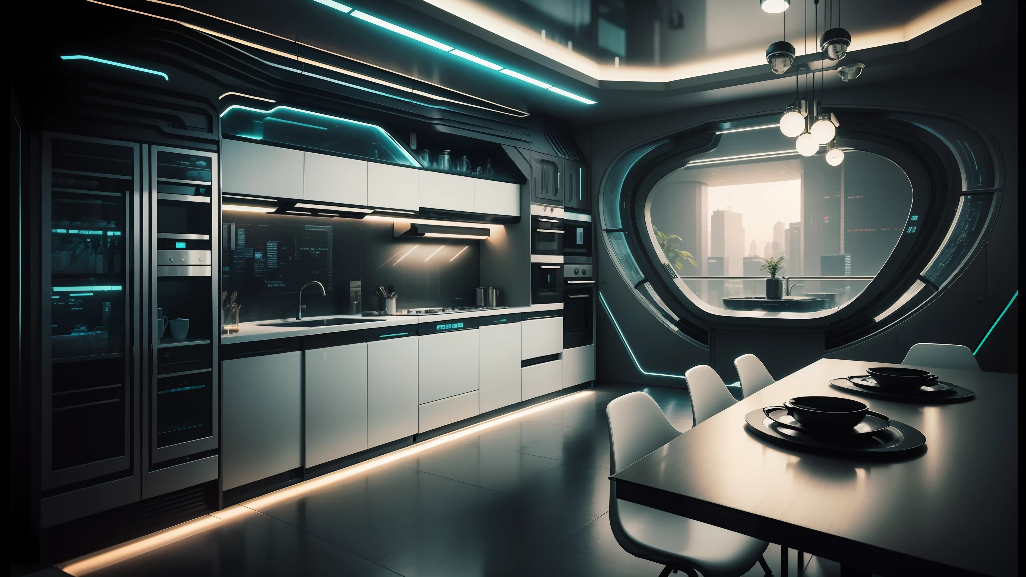 there is a kitchen with a table and chairs in it, futuristic decor, cyberpunk apartment, futuristic interior, futuristic room background, the cyberpunk apartment, retro futuristic apartment, sci - fi interior, cyberpunk interior, futuristic decoration, futuristic room, bladerunner apartment, cyberpunk ikea, in a cyberpunk themed room, futuristic house, futuristic design, large futuristic residence --auto --s2