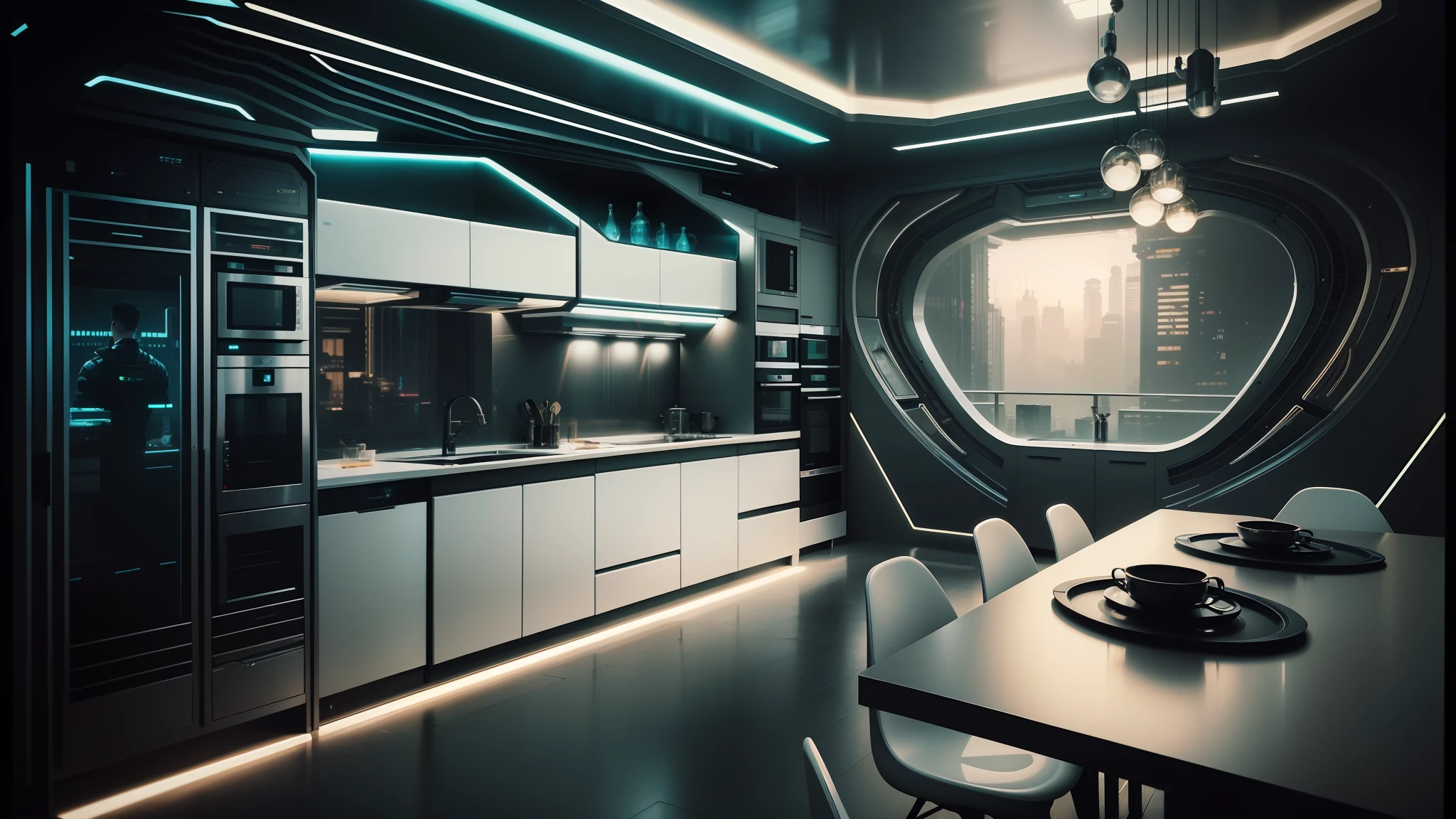 there is a kitchen with a table and chairs in it, futuristic decor, cyberpunk apartment, futuristic interior, futuristic room background, the cyberpunk apartment, retro futuristic apartment, sci - fi interior, cyberpunk interior, futuristic decoration, futuristic room, bladerunner apartment, cyberpunk ikea, in a cyberpunk themed room, futuristic house, futuristic design, large futuristic residence --auto --s2