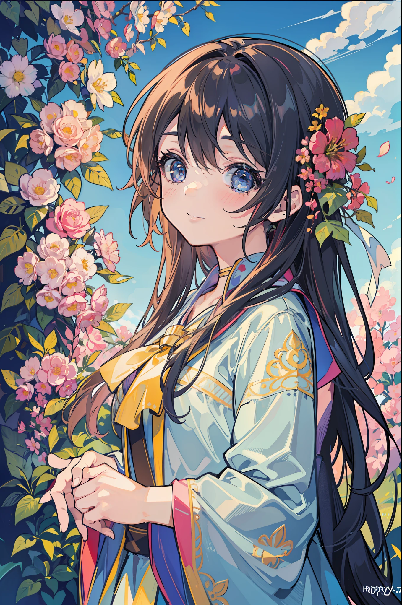 1 girl, ((ultra detailed)), ((masterpiece)), ((beautiful)) ((beautiful nature: 1.5)) , ((beautiful morning sky:1.0)) , ((in beautiful flower garden:1.2)) opening eyes, sun brightens my gaze this calm breeze, becomes my first breath ((beautiful happy girl:1.3)) birds chirp, awake from the rest no need to rush, no need to haste this moment, special and unique happiness, purpose and joy, i seek emotions and feelings, all are human give love and get love, being such person past is past, to learn and let go Good morning A new day, a new start,