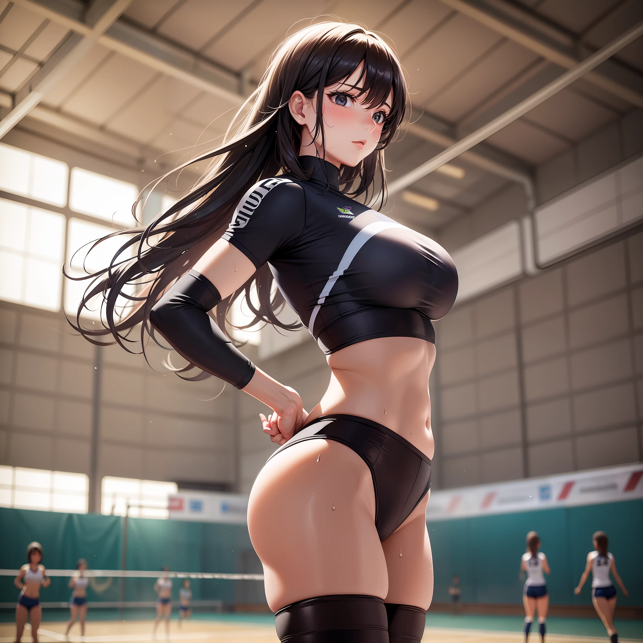 photos of professional women, 1 girl, flirting, (shiny), morning, sexy, playing volleyball, costume with logo, gymnasium, backlit, (bangs), bloomers, (sweaty: 1.3), blurring background,