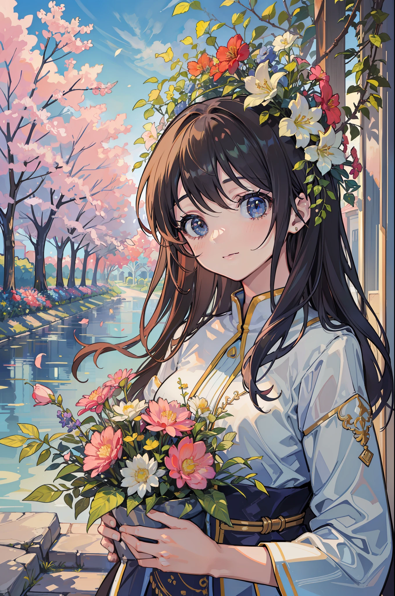 1 girl, ((ultra detailed)), ((masterpiece)), ((beautiful)) ((beautiful nature: 1.5)) , ((beautiful morning sky:1.0)) , ((in beautiful flower garden:1.2)) opening eyes, sun brightens my gaze this calm breeze, becomes my first breath ((beautiful happy girl:1.3)) birds chirp, awake from the rest no need to rush, no need to haste this moment, special and unique happiness, purpose and joy, i seek emotions and feelings, all are human give love and get love, being such person past is past, to learn and let go Good morning A new day, a new start,