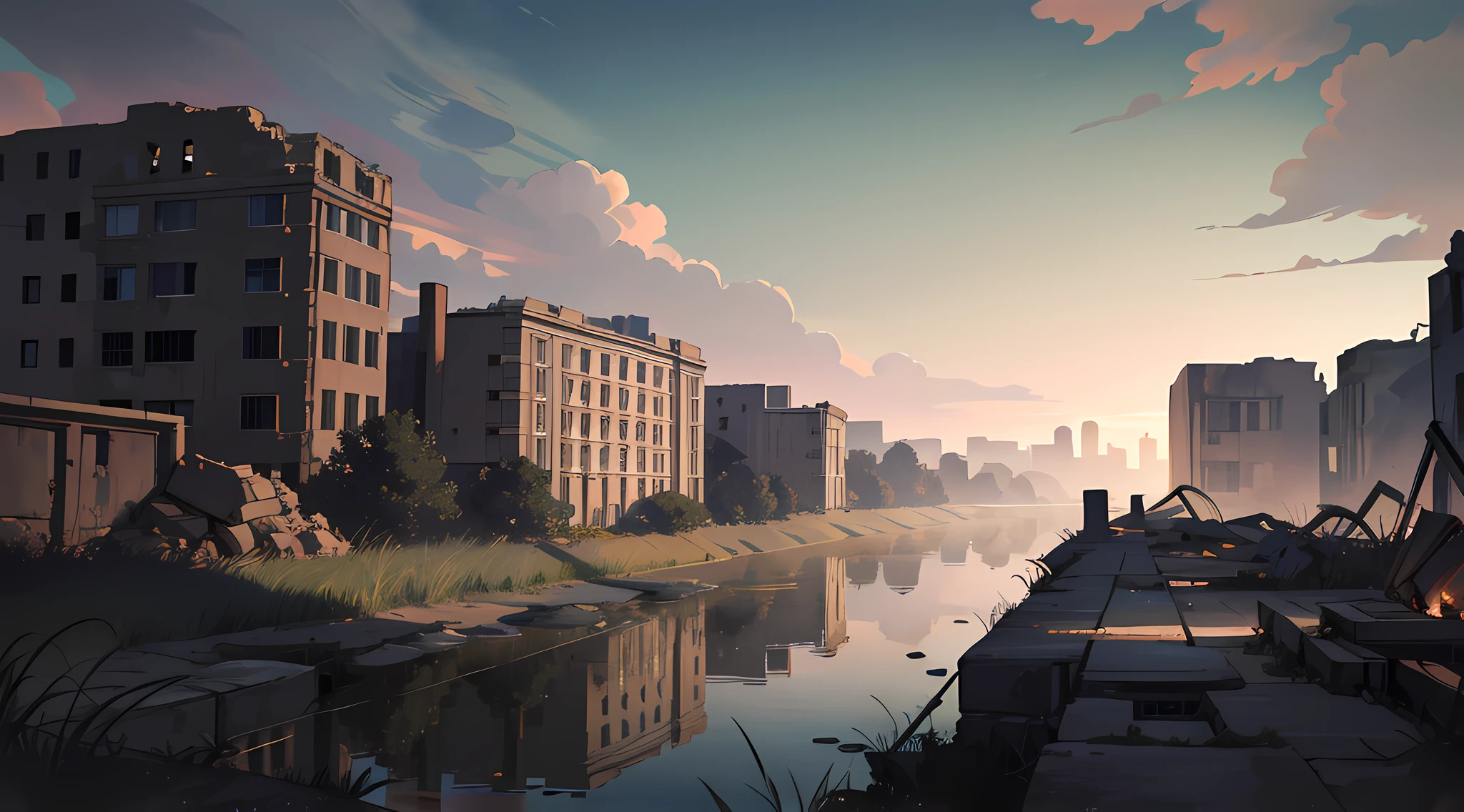 "An extraordinary masterpiece of the highest quality, presenting a breathtaking landscape of a tranquil river surrounded by ruins and empty buildings, with tall grass swaying in the gentle breeze. Featuring the aftermath of an intense war, this stunning view is shrouded in the darkness of night, imbuing the surroundings with an eerie atmosphere."