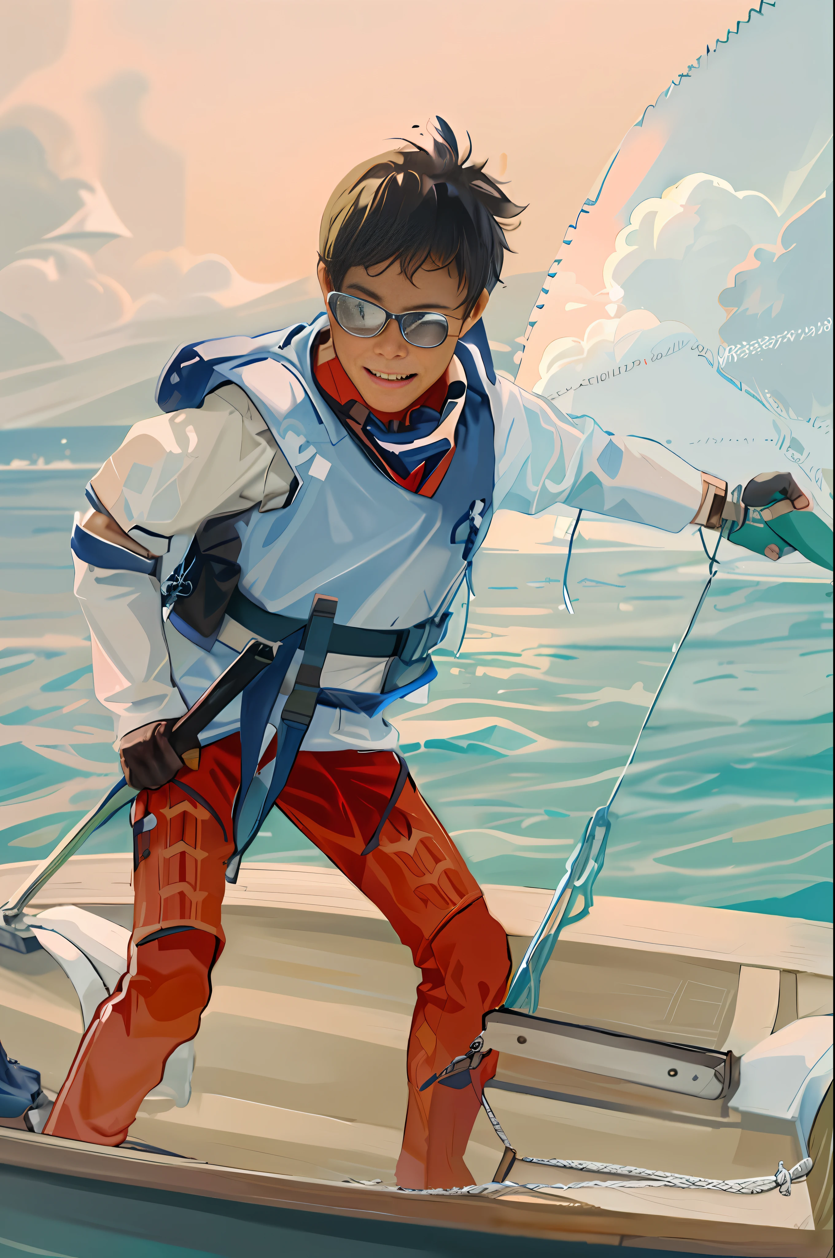 boy in life jacket on a boat with a sail on the water, having a great time, on the bow, he's on an old sailing boat, 2 0 2 2 photo, by Maeda Seison, yihao ren, looking partly to the left, sail, little ???, motivational, portrait n - 9, handsome, by Helen Stevenson, beginner