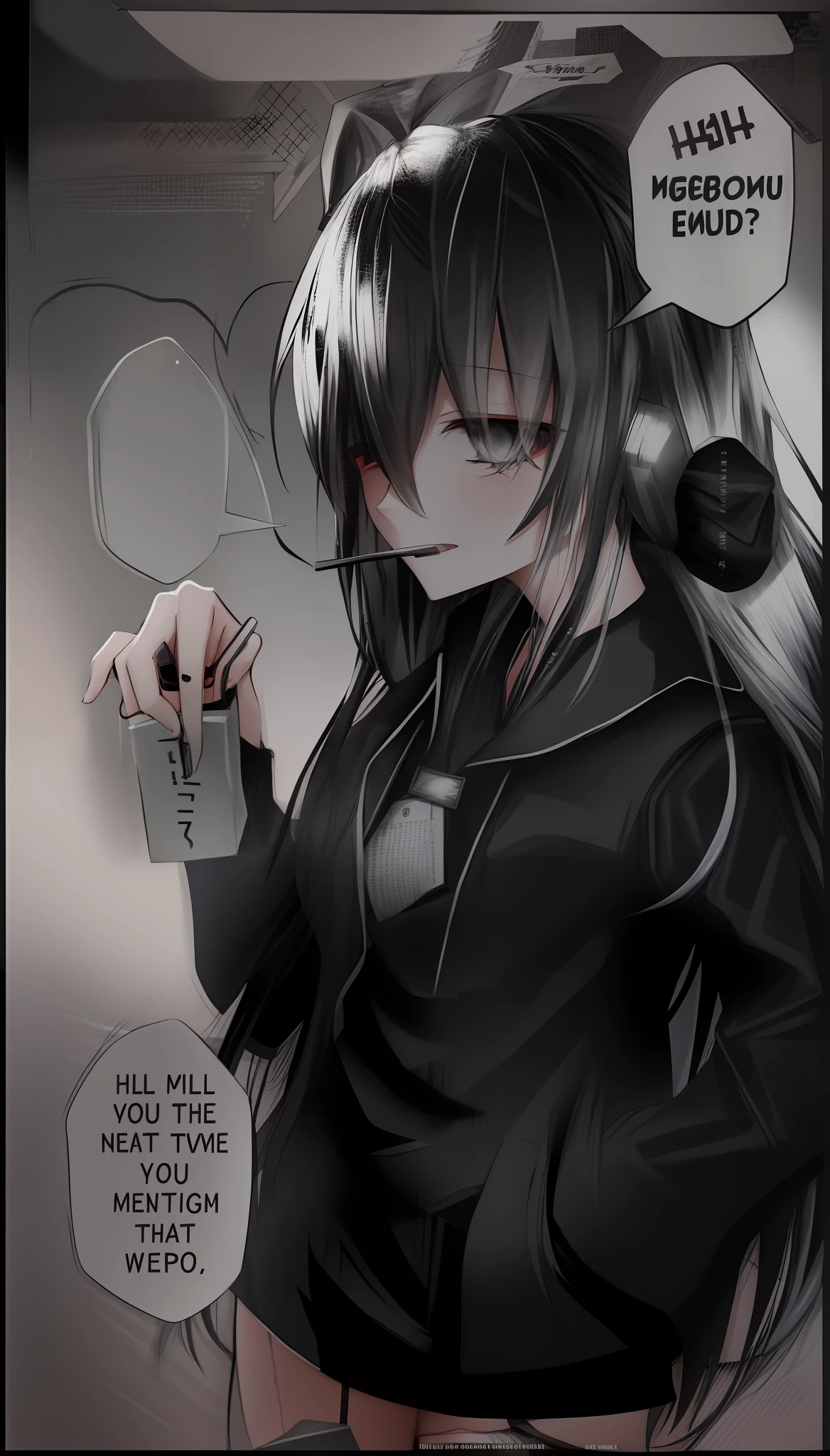 a cartoon picture of a girl with long hair and a black jacket, black and white manga panel, gapmoe yandere grimdark, black and white manga style, rias gremory, black and white manga page, blame manga, & her expression is solemn, with index finger, by Jin Homura, 1 7 - year - old anime goth girl, manga panels