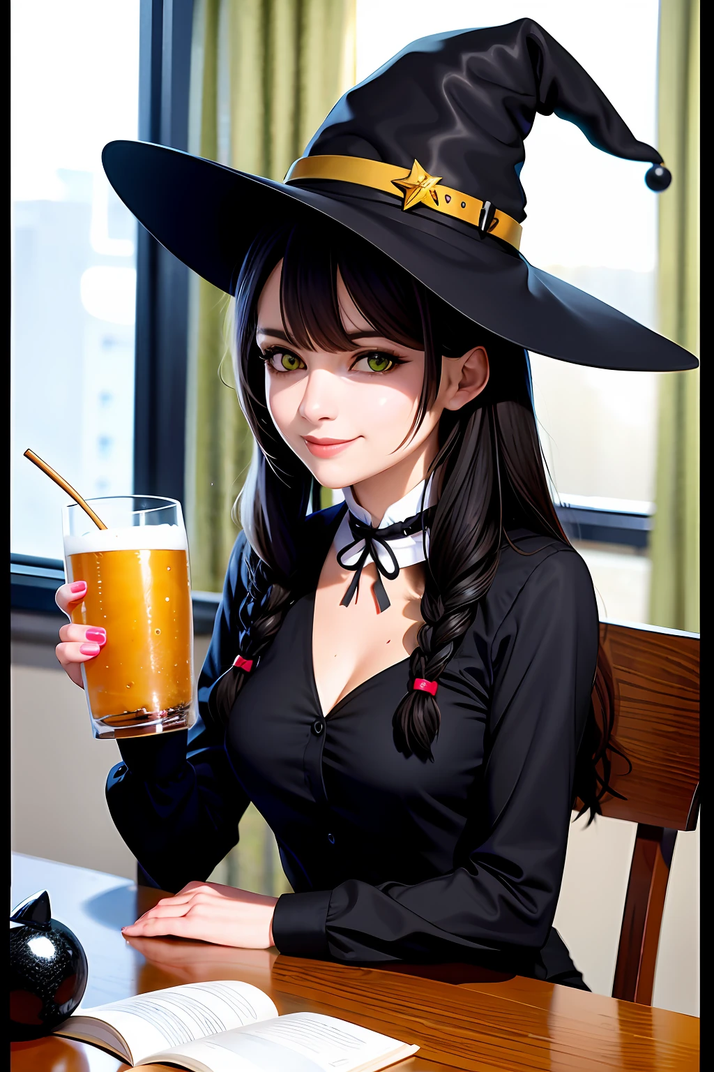 Black cat wearing a witch's hat, with a beer mug in hand, HR gyger style