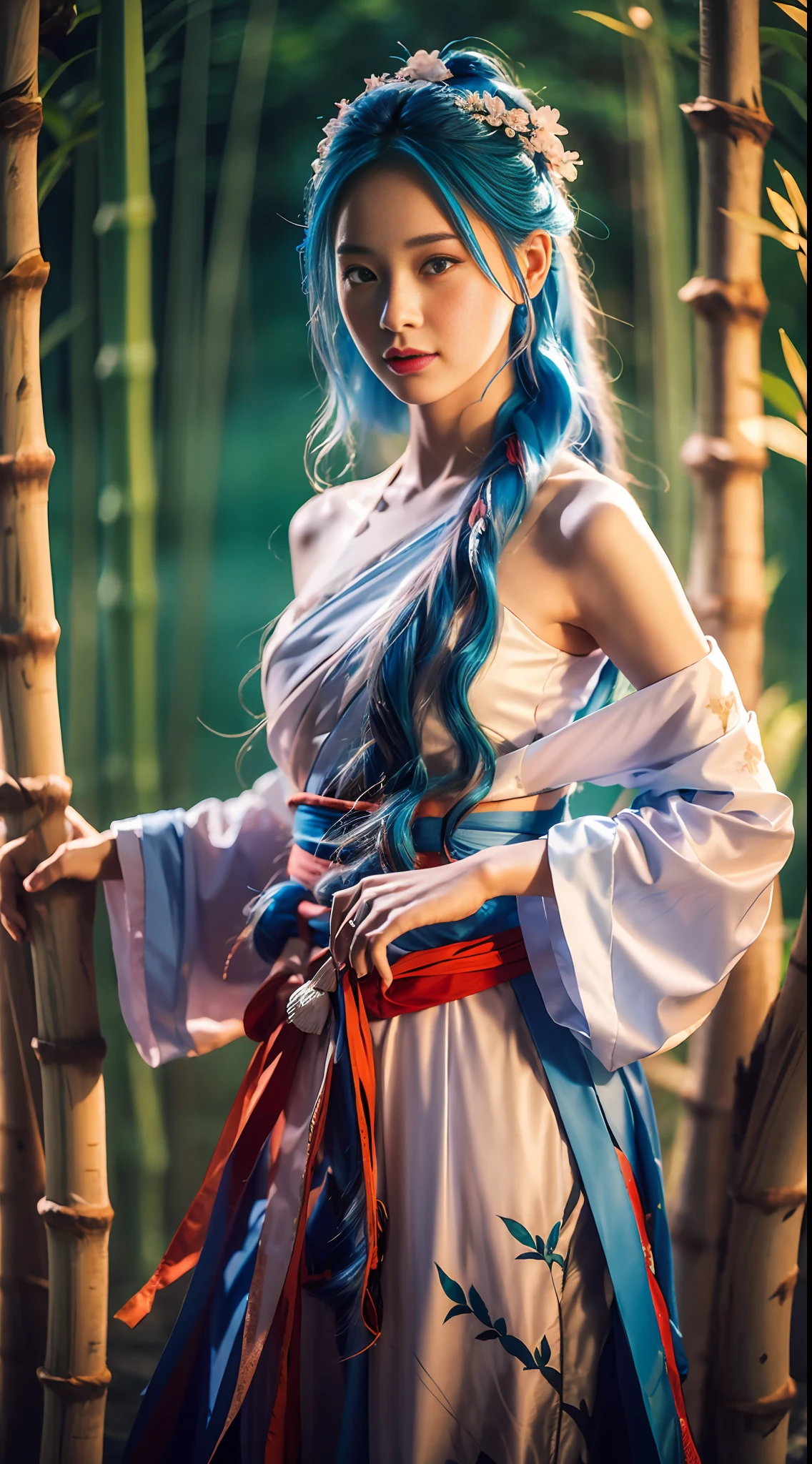 Masterpiece, best quality, official art, 8k wallpaper, very detailed, illustration, 1 girl, sky blue hair, long hair, detailed eyes, Forrest, bare shoulders, hanfu, lake, pure, soft smile, bamboo,