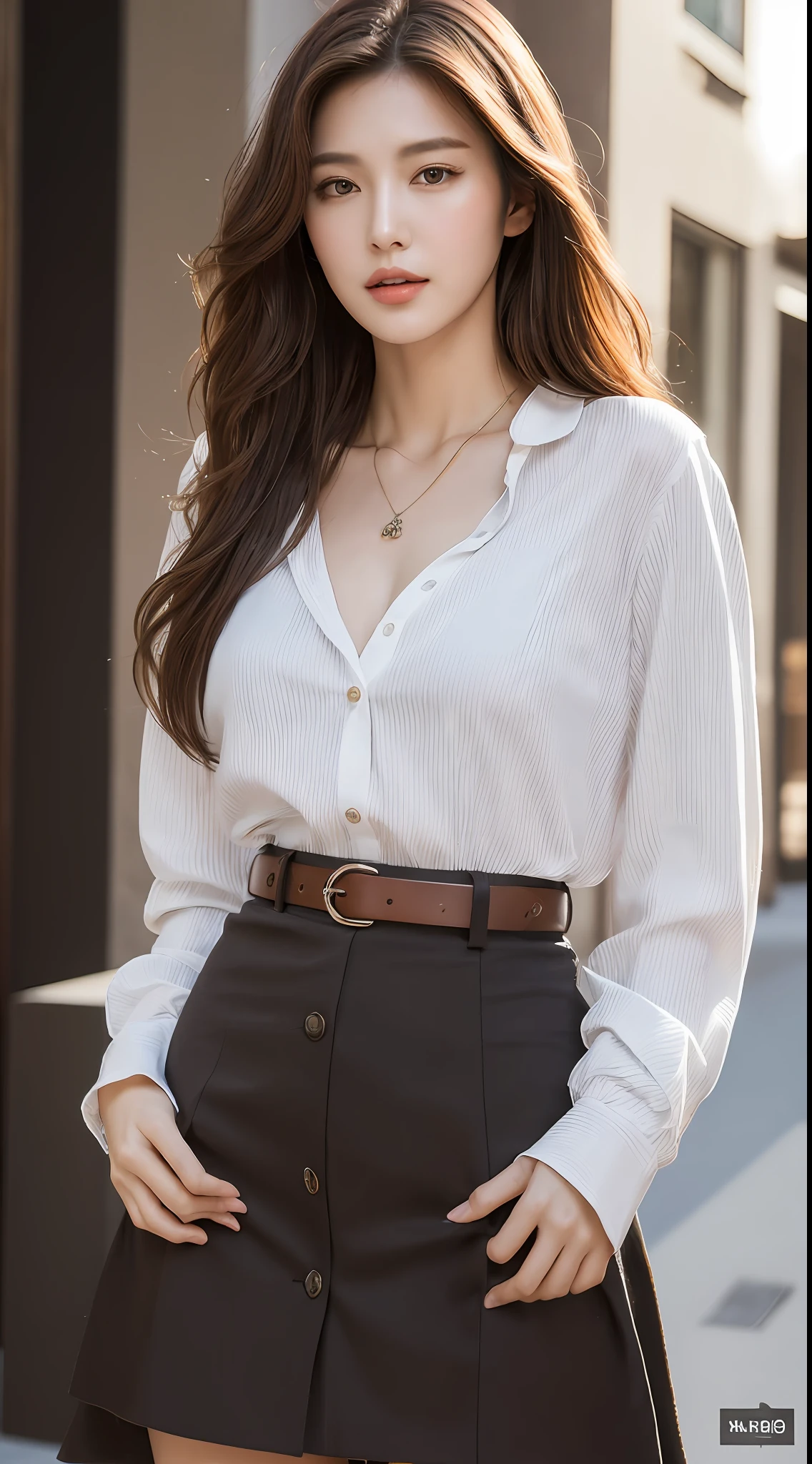(Best quality, High resolution, Masterpiece :1.3), A tall and pretty woman, Slender abs, Dark brown hair styled in loose waves, Breasts, Wearing pendant, White button up shirt, Belt, Black skirt, (Modern architecture in background), Details exquisitely rendered in the face and skin texture, Detailed eyes, Double eyelid
