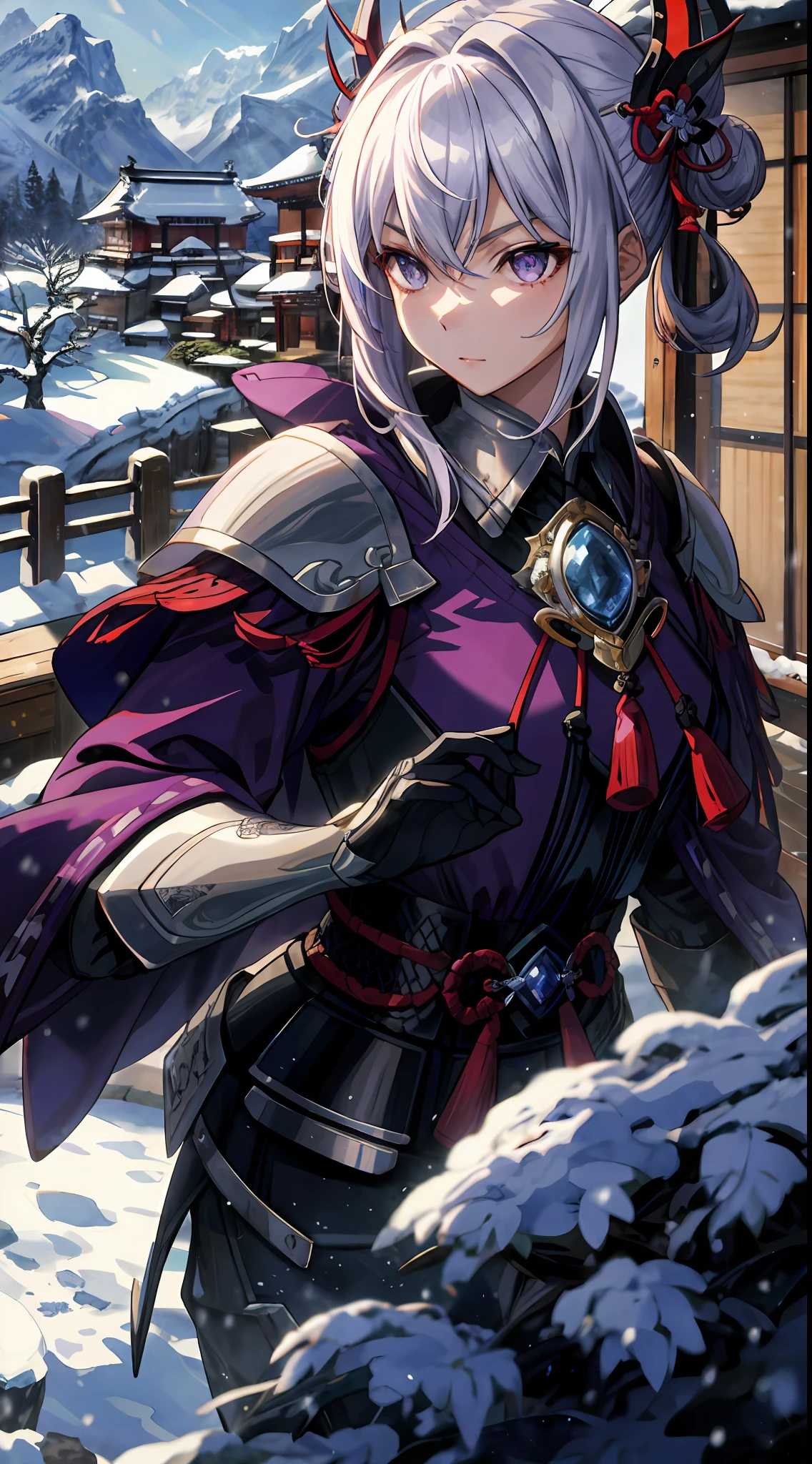 Masterpiece, superior quality, high resolution, lighting highlighting the character, better shadows, perfect anatomy, more perfect, beautiful eyes, inspired by the game mahokenshi, solo, a woman, of the house Saphire, the masters of defense, armor and ice samurai with thorns, sexy, in a Japanese village of sapphire house, in the snowy mountains, silver hair, purple eyes,