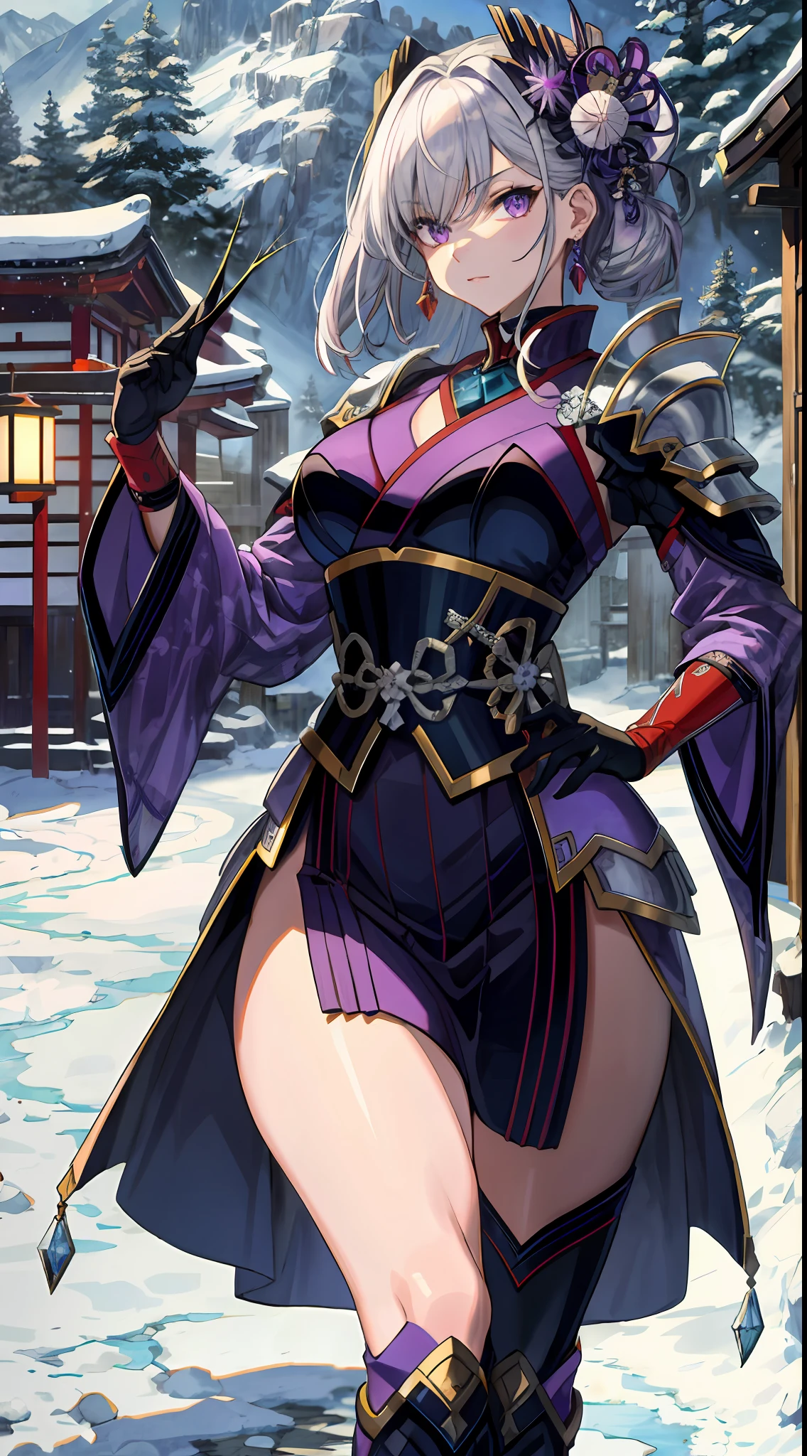 Masterpiece, superior quality, high resolution, lighting highlighting the character, better shadows, perfect anatomy, more perfect, beautiful eyes, inspired by the game mahokenshi, solo, a woman, of the house Saphire, the masters of defense, armor and ice samurai with thorns, sexy, in a Japanese village of sapphire house, in the snowy mountains, silver hair, purple eyes,