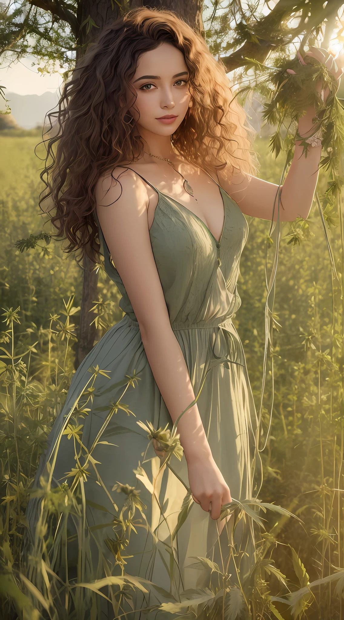 Create a woman with curly hair, light and informal clothes, in an extensive field full of cannabis vegetation, holding a branch with the plant and smiling under the late afternoon sun, while the sunset highlights the image. Ultra-detailed, masterpiece quality, with perfect lighting and realistic shadows, creating a soft and light atmosphere that complements the scene.