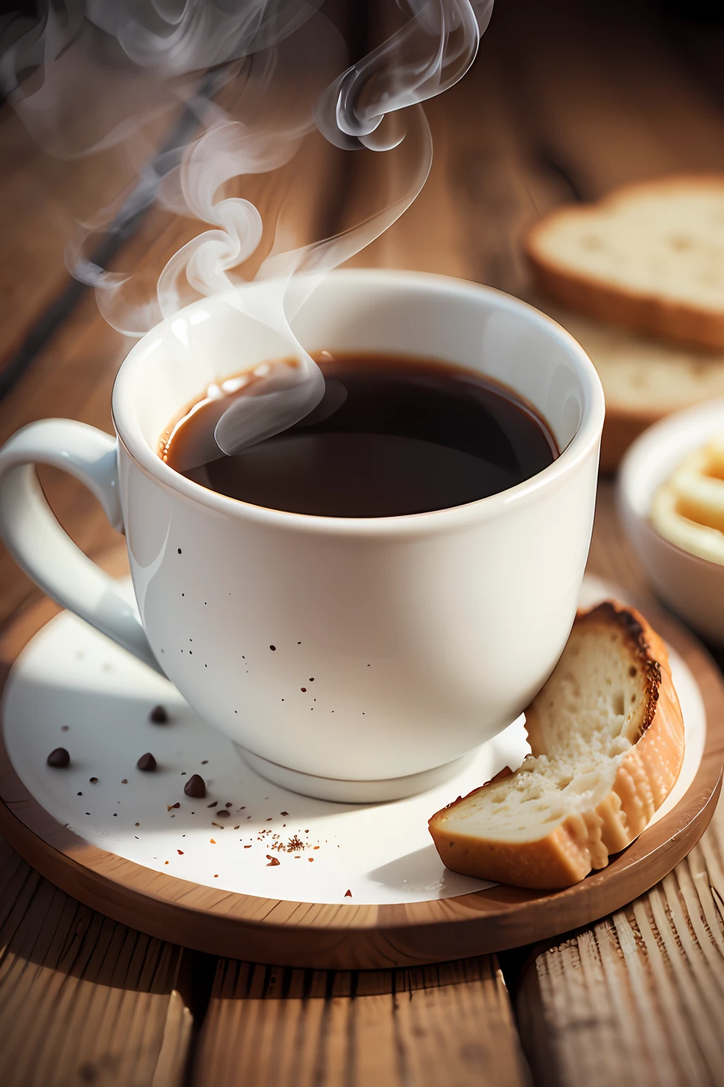 A cup of hot coffee with smoke, on top of a rustic wooden table, with a homemade bread and butter. Focus on the cup. Realistic image, background with depth of field --auto --s2