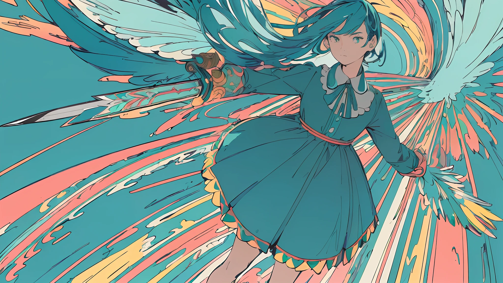 (flat color :1.4),(colorful:1.2),(((masterpiece))),(((bestquality))),((ultra-detailed)),(illustration),((anextremelydelicateandbeautiful)), 1 woman,(teal color theme:1.5), rainbow colored hair, teal short dress, light leaks,strong wind,teal background,holding a large sword,detail face,standing,beautiful face,feathers floating in the air,light bloom,surreal