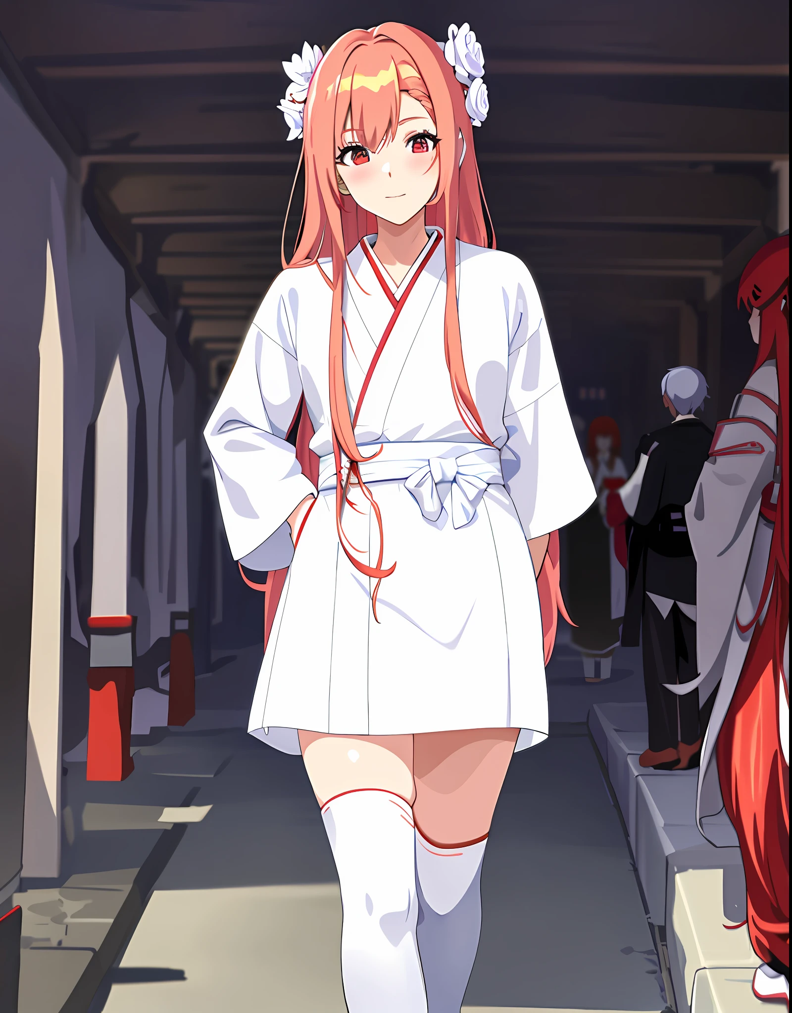 Woman in white dress and red roses in hair, anime girl cosplay, anime cosplay, real life anime girl, inspired by Sukinobu Nishikawa, white hanf, kimono, golden long hair, Asuna Yuuki, anime goddess, young anime girl, wearing a simple robe, wearing a white robe, wearing a simple robe